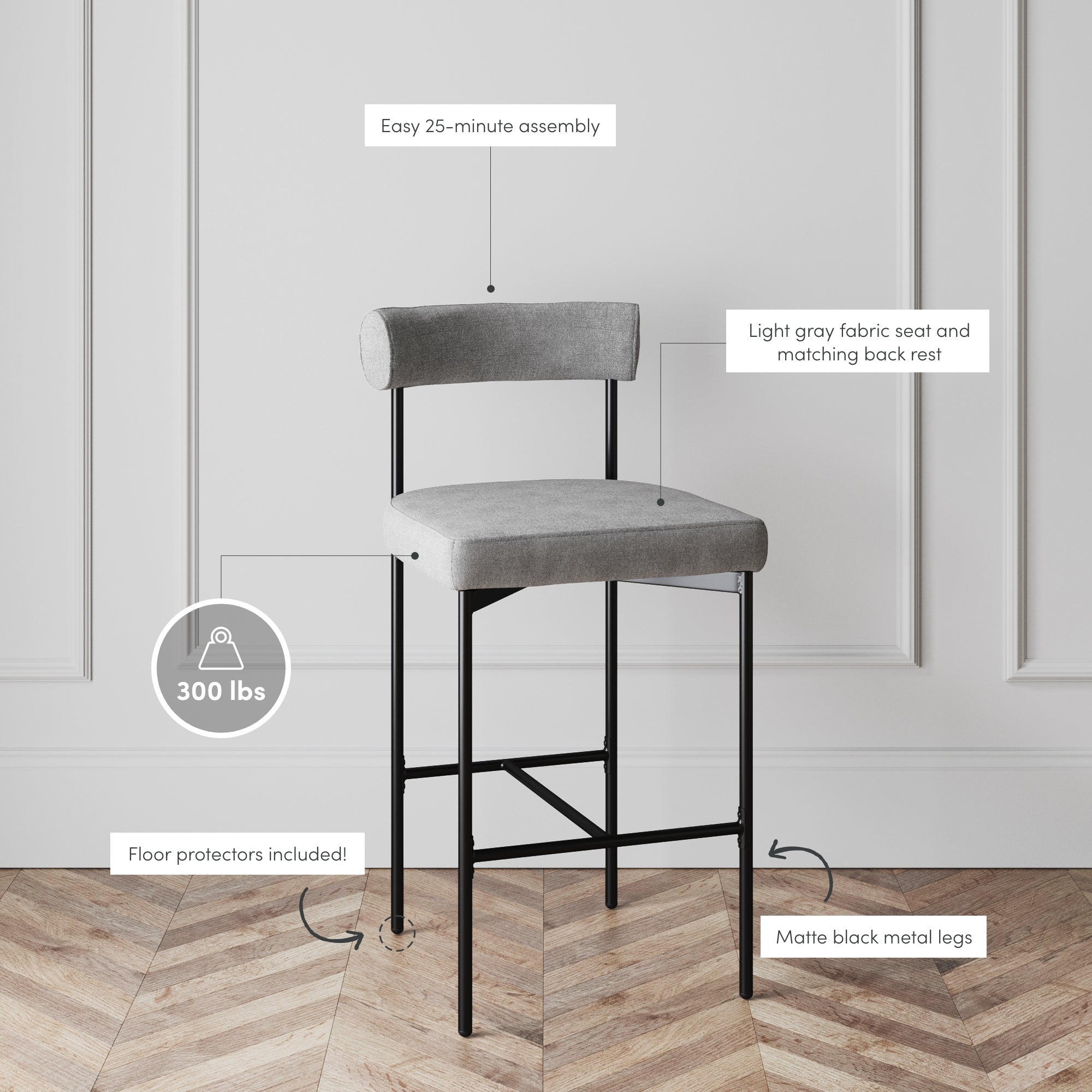 A modern bar stool with a light gray fabric seat and backrest, matte black metal legs, and floor protectors. Text highlights its 25-minute assembly time and 300-lb weight limit. The stool is in front of a white paneled wall.