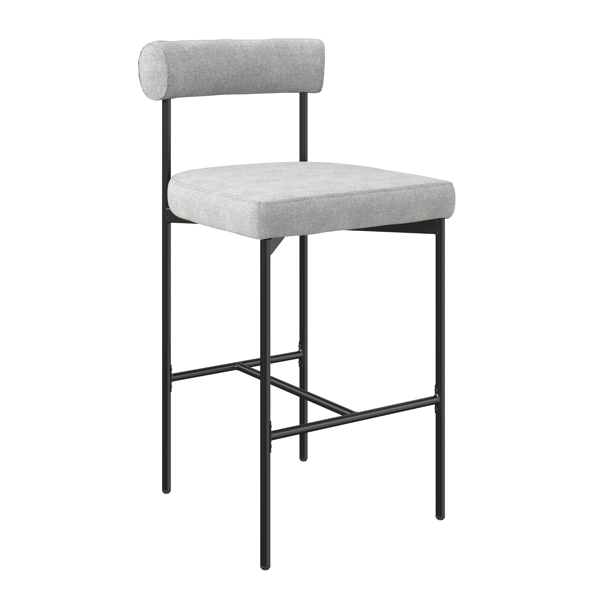 A modern bar stool with a black metal frame, light gray cushioned seat, and a cylindrical upholstered backrest. The design is minimalist with slim legs and a supportive footrest.