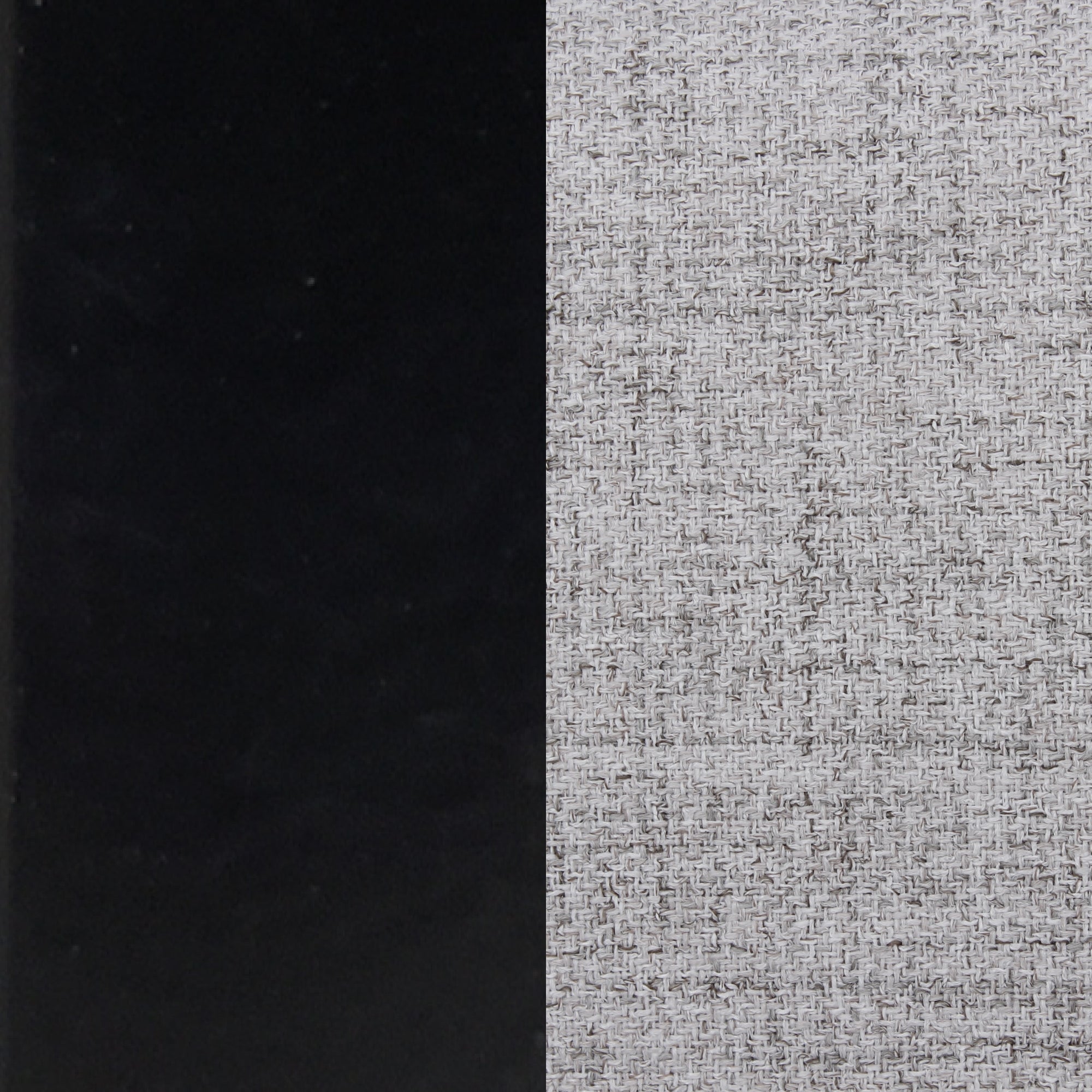 A split image showing two distinct textures: the left side is solid black, and the right side is a light, woven fabric with a subtle grid pattern.