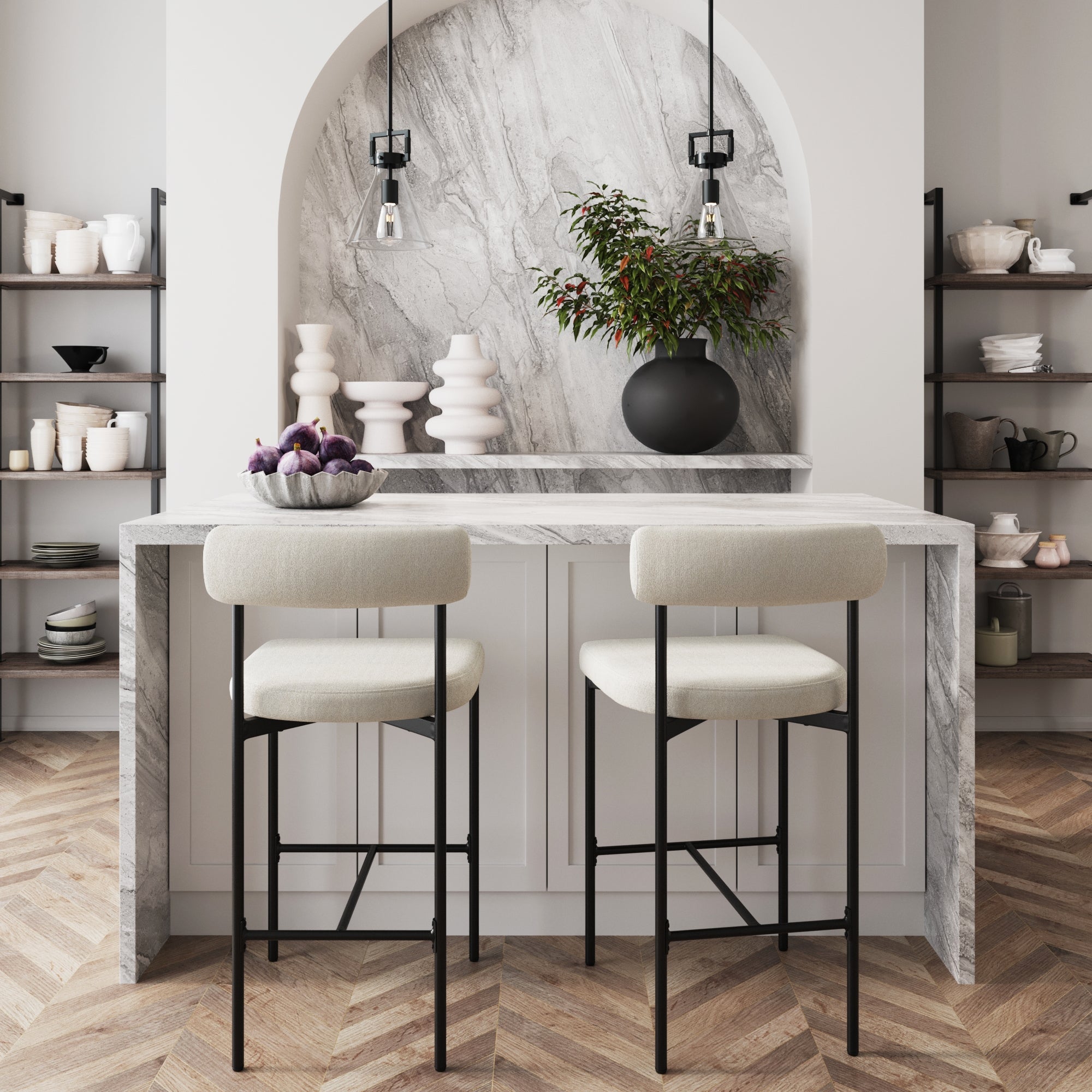 Modern kitchen featuring a marble island and backsplash, Nathan James Boucle Counter Height Bar Stools (Set of 2), open shelving with dishes, pendant lights, black vase with greenery on the counter, and chevron wood flooring for warmth.