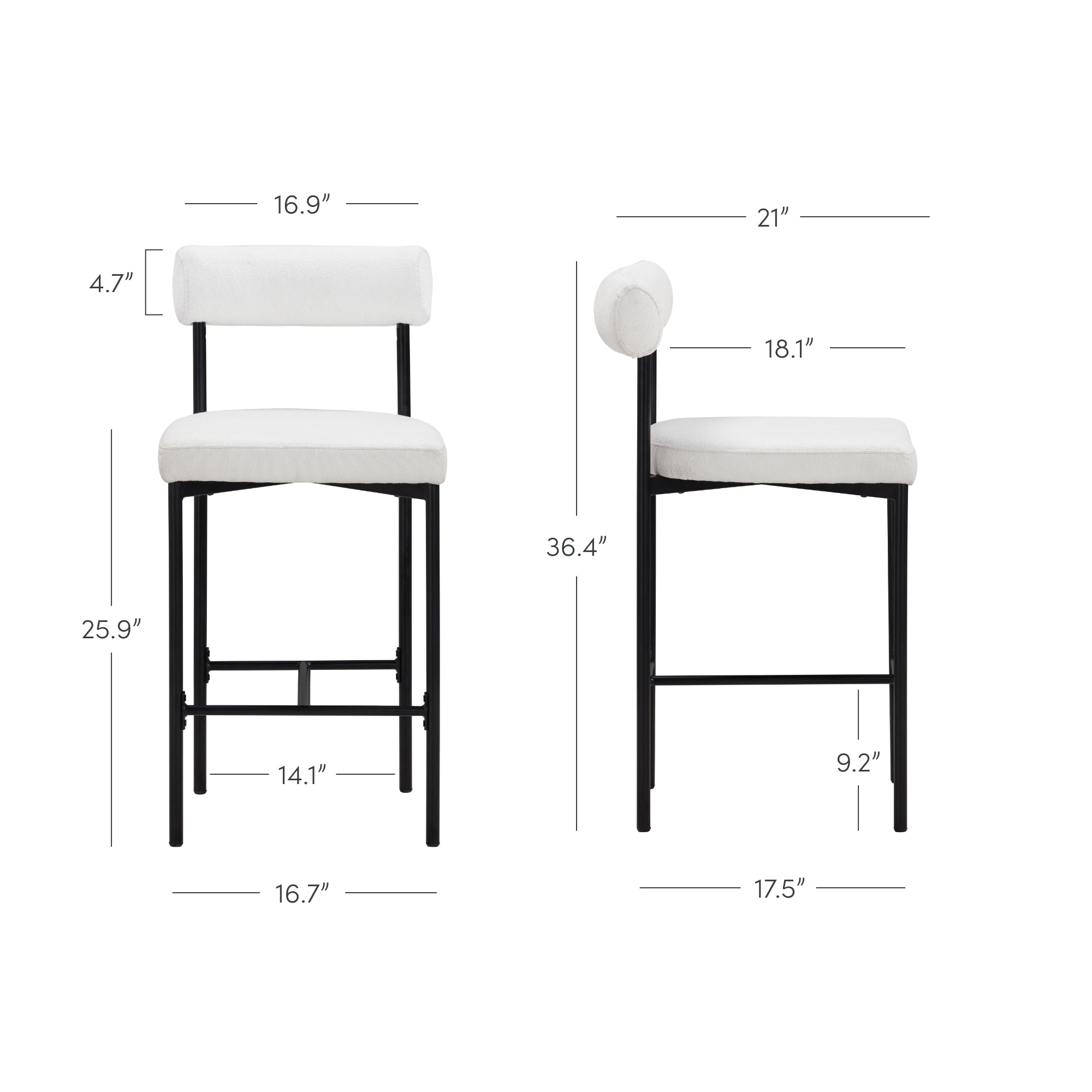 Two white cushioned bar stools with black metal frames shown from the front and side, each with dimensions labeled, including seat height, width, depth, and backrest size.