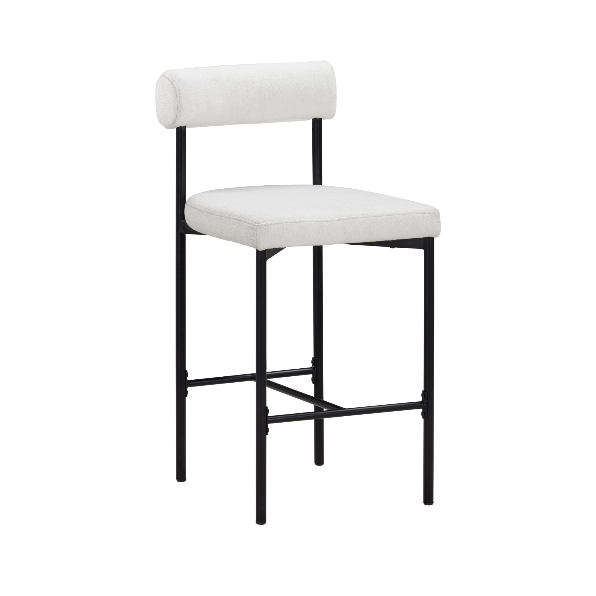 A modern bar stool with a white cushioned seat and backrest, supported by slim black metal legs and a rectangular footrest.