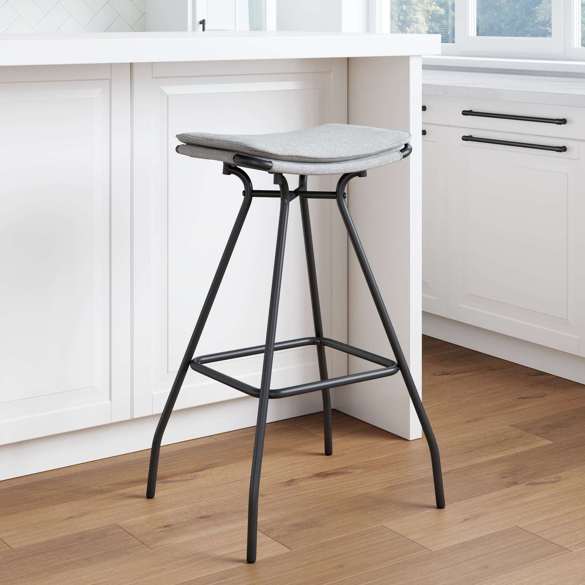 Upholstered Bar Height Bar Stool | Dominique Feather Gray-Matte Black