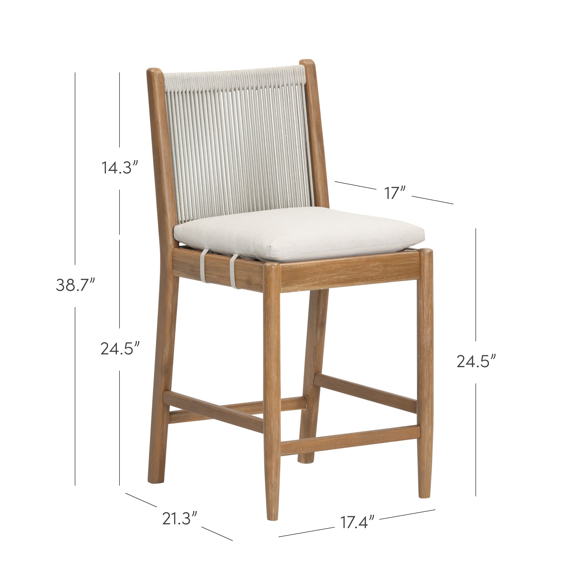 Bar stool with a wooden frame, rope backrest, and cushioned seat. Dimensions are labeled: height 38.7, seat height 24.5, backrest 14.3, width 17.4, seat depth 17, and leg width 21.3.