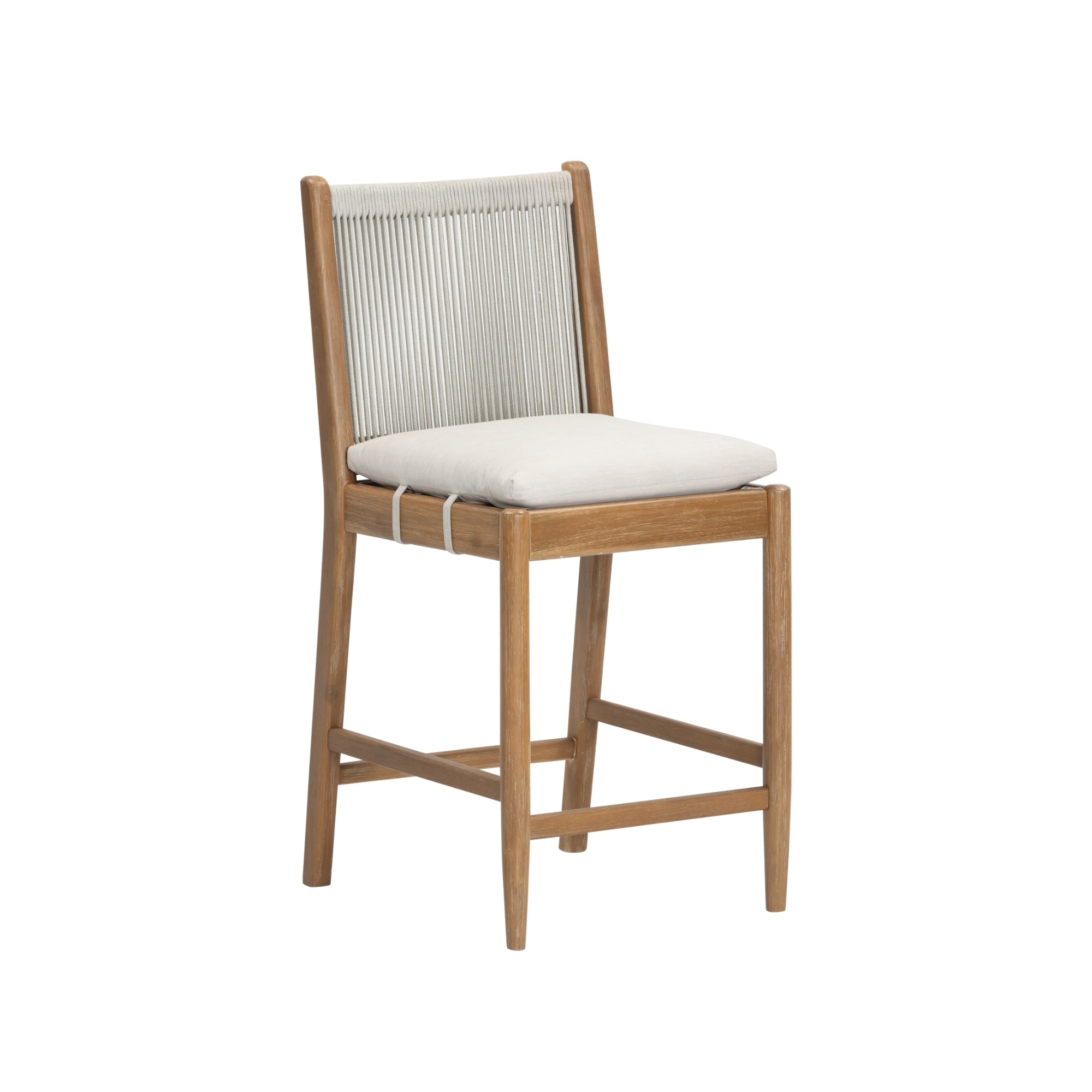 A wooden chair with a light brown frame, a woven rope backrest, and a padded beige seat cushion, shown against a plain white background.