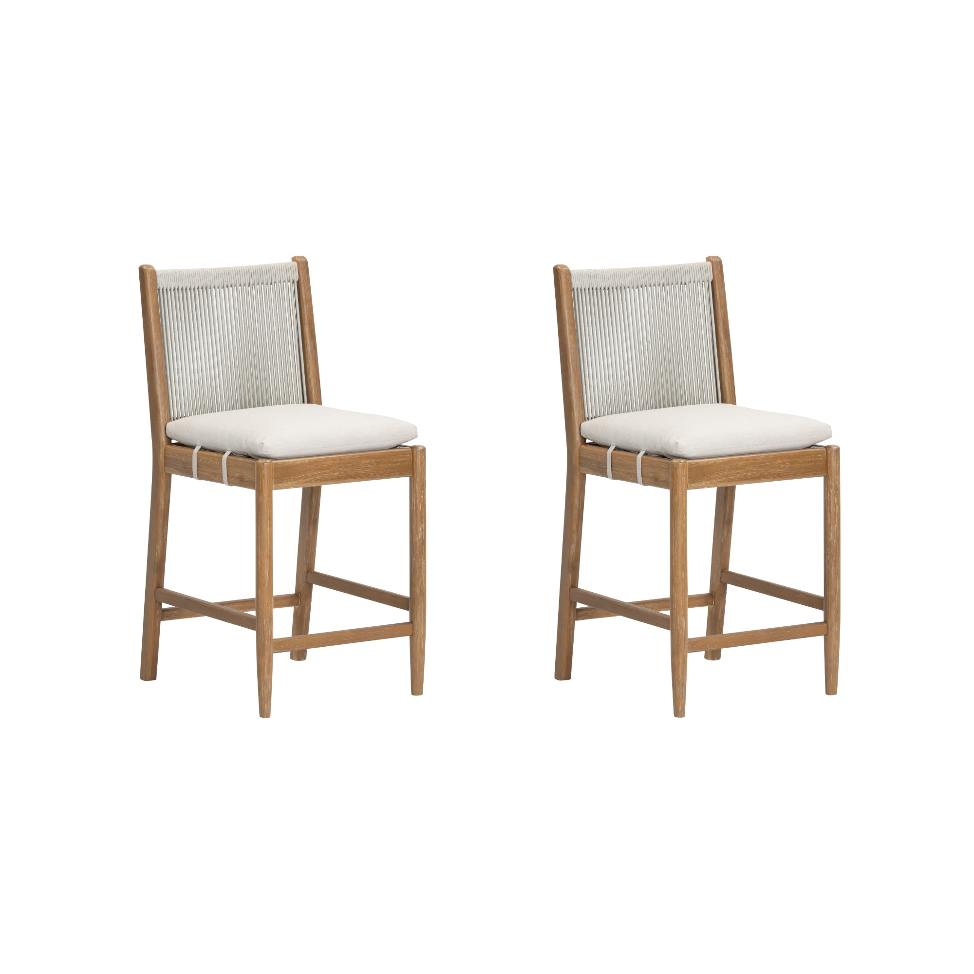 Two wooden bar stools with light beige cushioned seats and backs featuring vertical rope detailing, displayed on a white background.