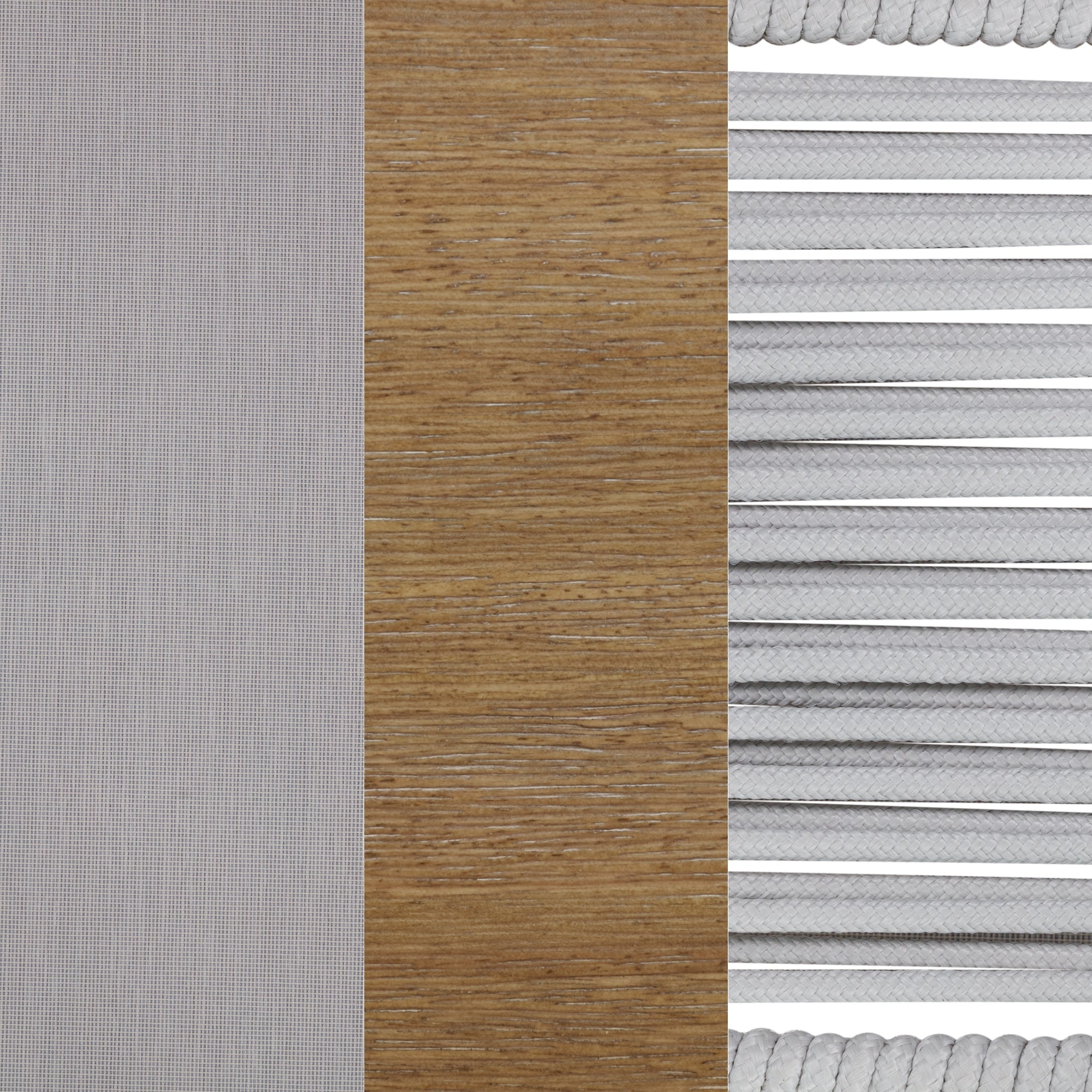 A close-up image shows three vertical sections: fine gray mesh on the left, textured brown wood in the center, and neatly aligned white ropes on the right.