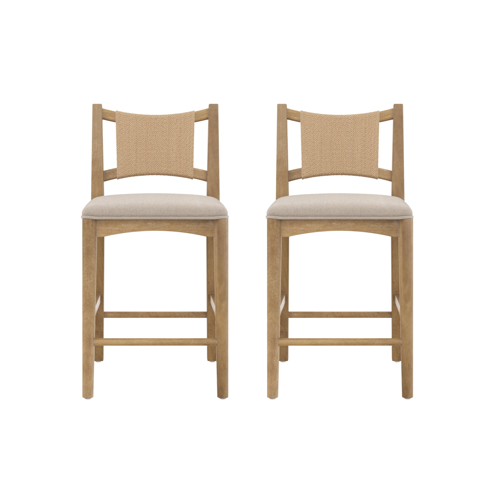 Two wooden bar stools with light beige upholstered seats and woven rattan backs, shown side by side against a white background.