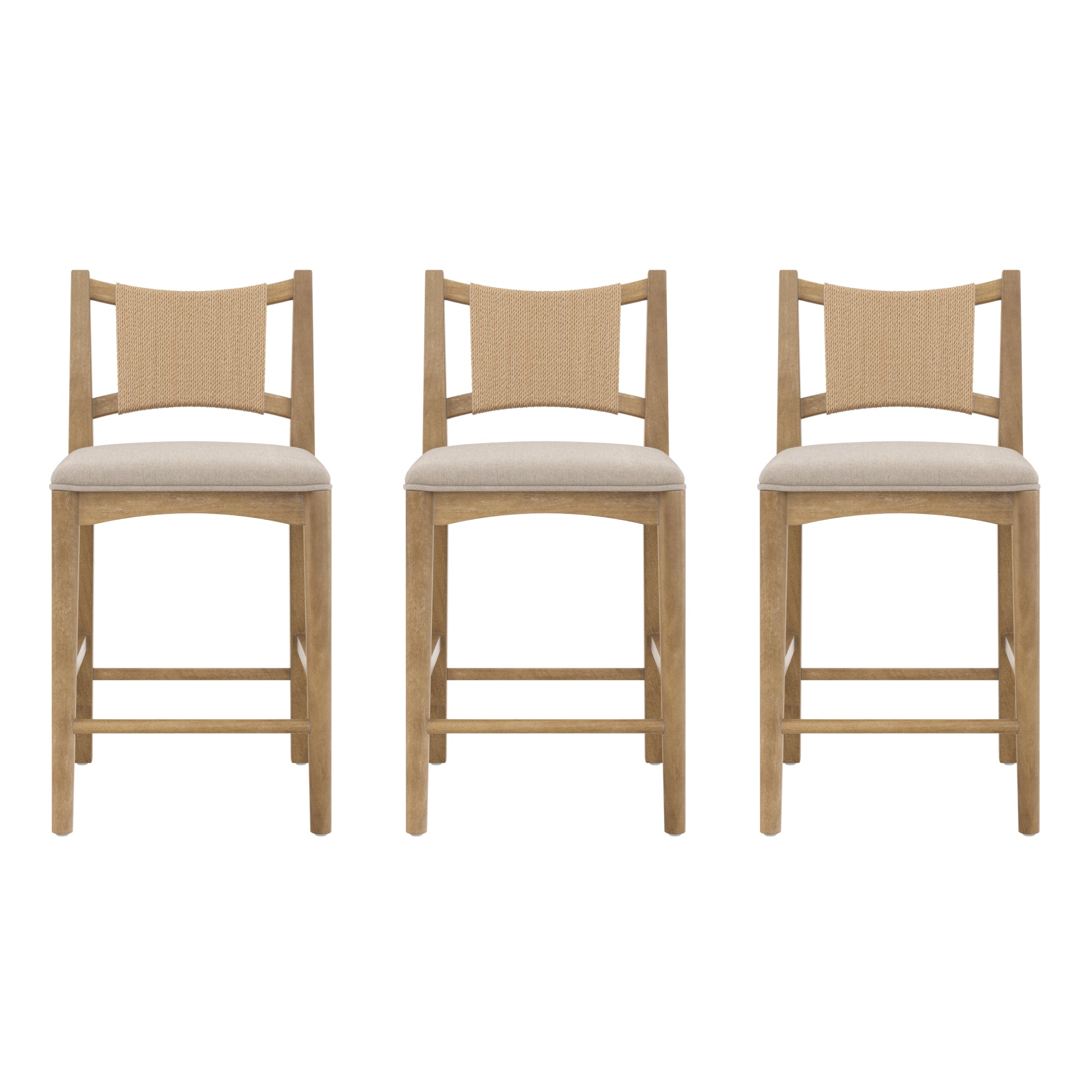 Three wooden bar stools with light beige upholstered seats and backrests, arranged in a row against a plain white background. The stools have simple, straight legs and a natural wood finish.