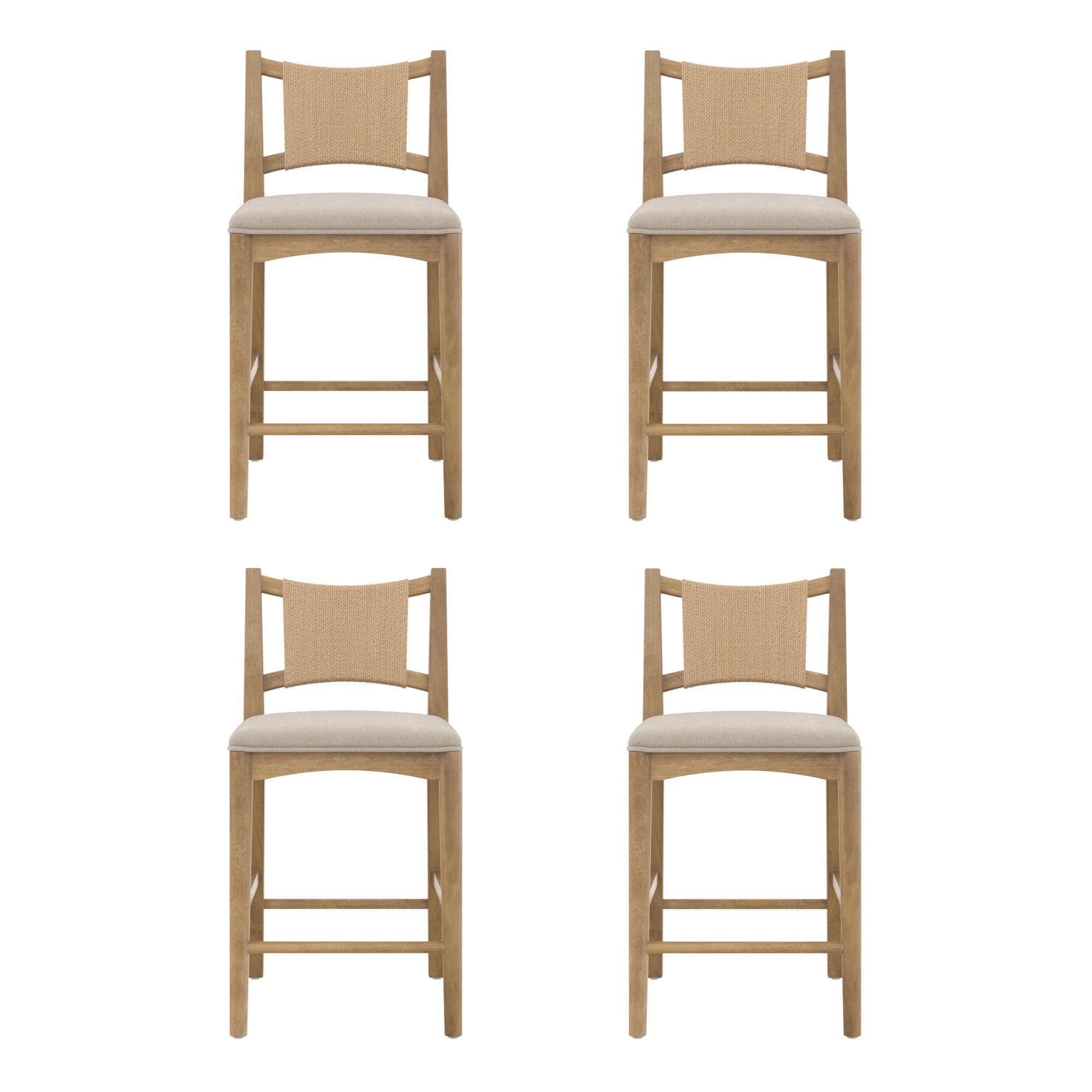 Set of four wooden bar stools with light beige fabric seats and woven backs, arranged in two rows of two on a white background.