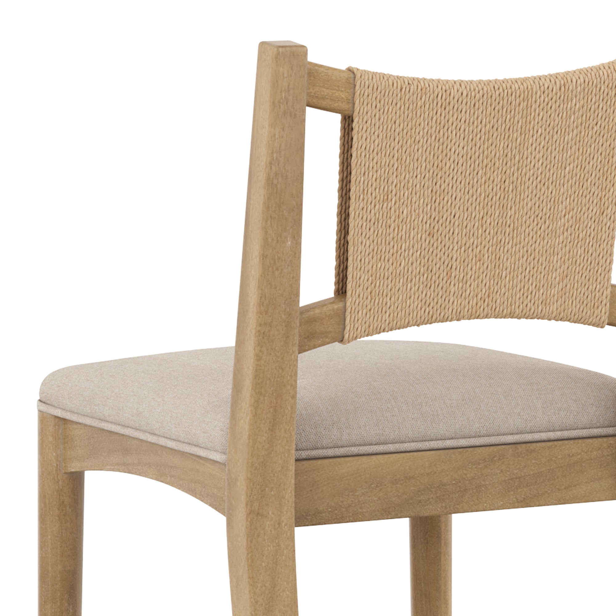 Close-up of a wooden chair with a light beige cushioned seat and a curved backrest made of woven rope. The chair has a simple, modern design and a natural wood finish.
