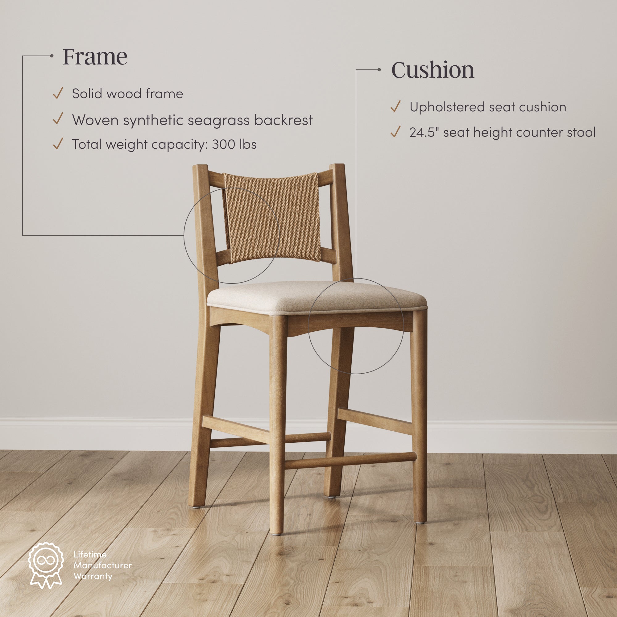 A wooden counter stool with a woven synthetic seagrass backrest and an upholstered seat cushion sits on a wood floor. Text highlights its solid wood frame, 300 lb weight capacity, and 24.5 seat height.