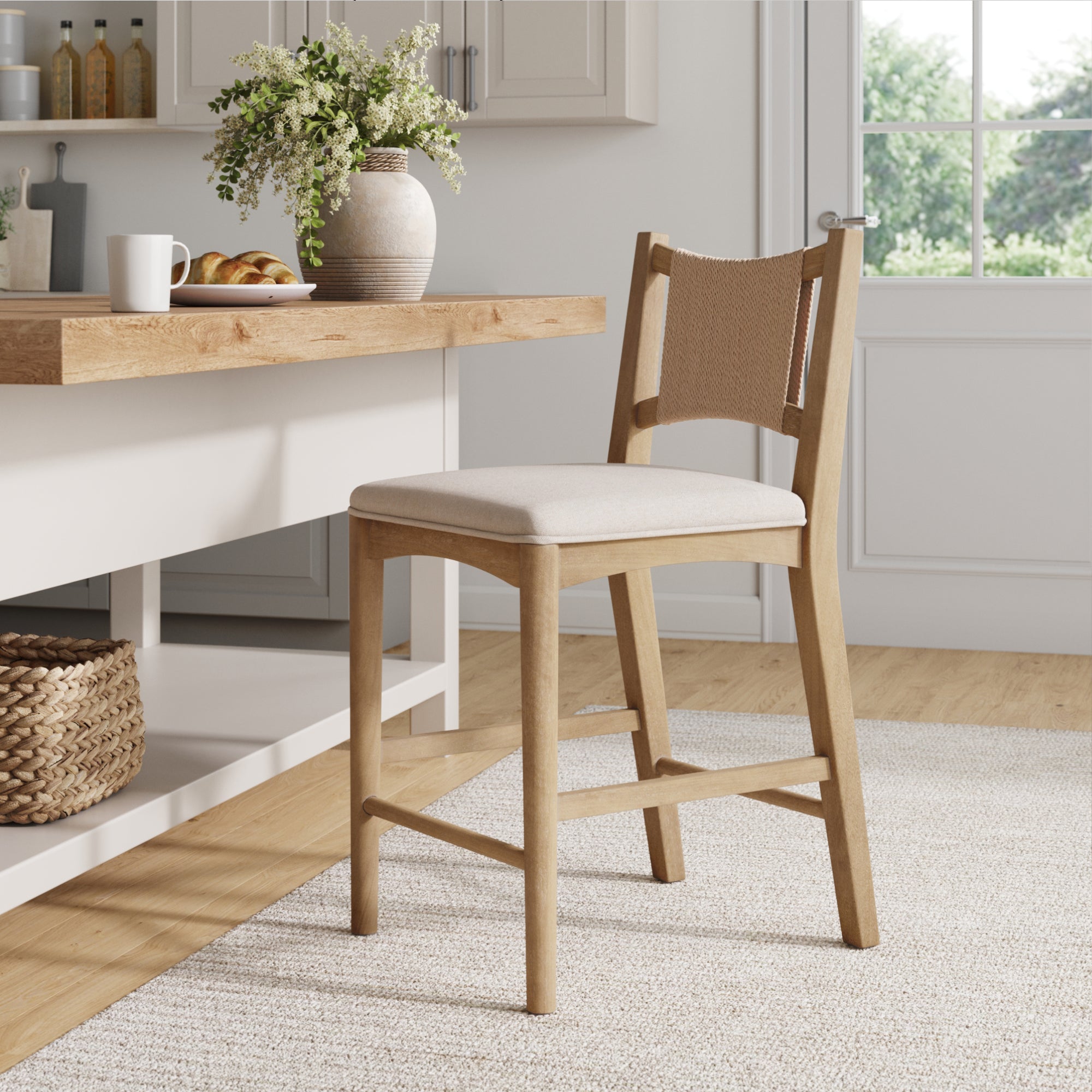 Seagrass Back Arched Footrest Counter Height Bar Stool