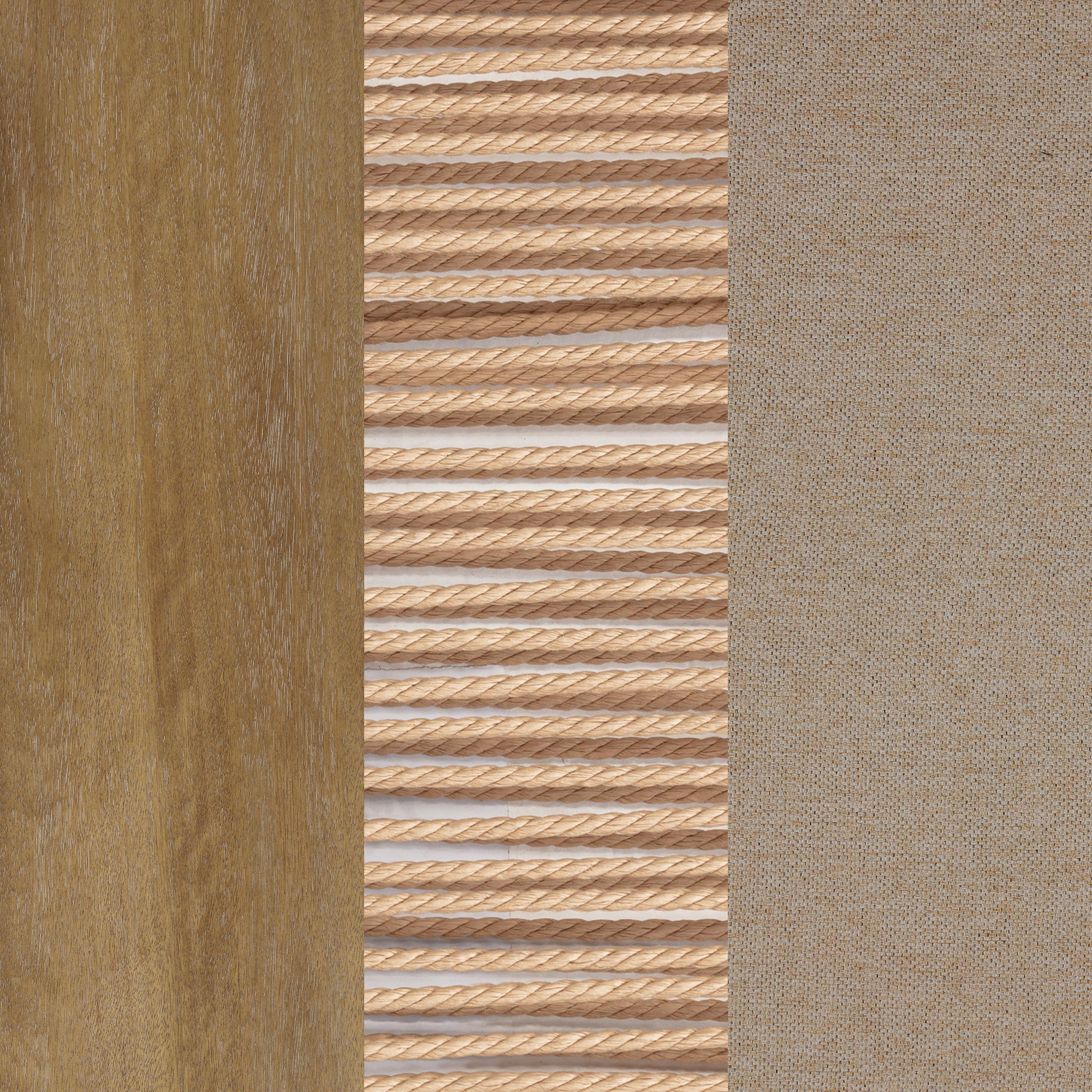 A vertical panel featuring three sections: light wood on the left, a central strip of evenly spaced horizontal wooden rods, and textured beige fabric on the right.