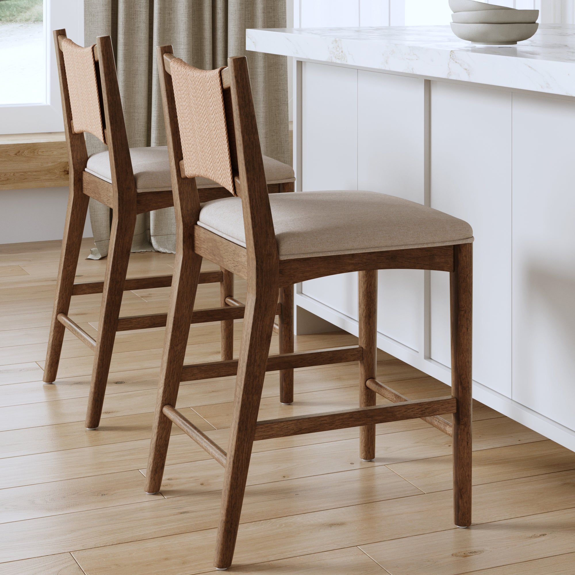 Modern Seagrass Back Arched Wood Counter Stool Medium Brown (Set of 2)