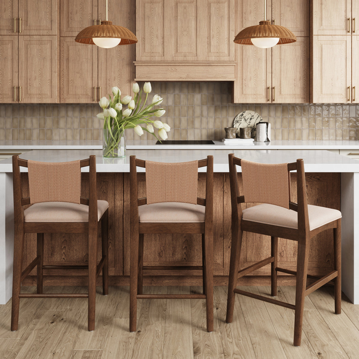 Modern Seagrass Back Arched Wood Counter Stool Medium Brown (Set of 3)