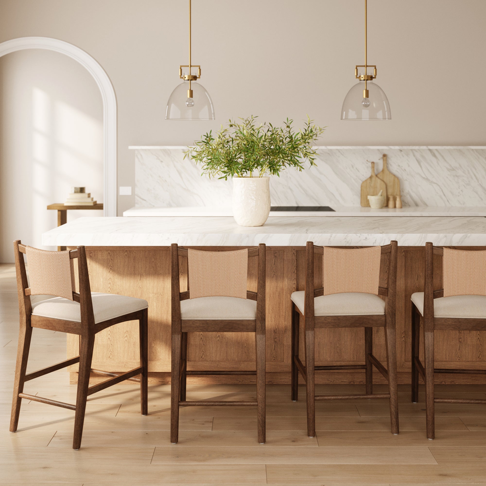 Modern Seagrass Back Arched Wood Counter Stool Medium Brown (Set of 4)