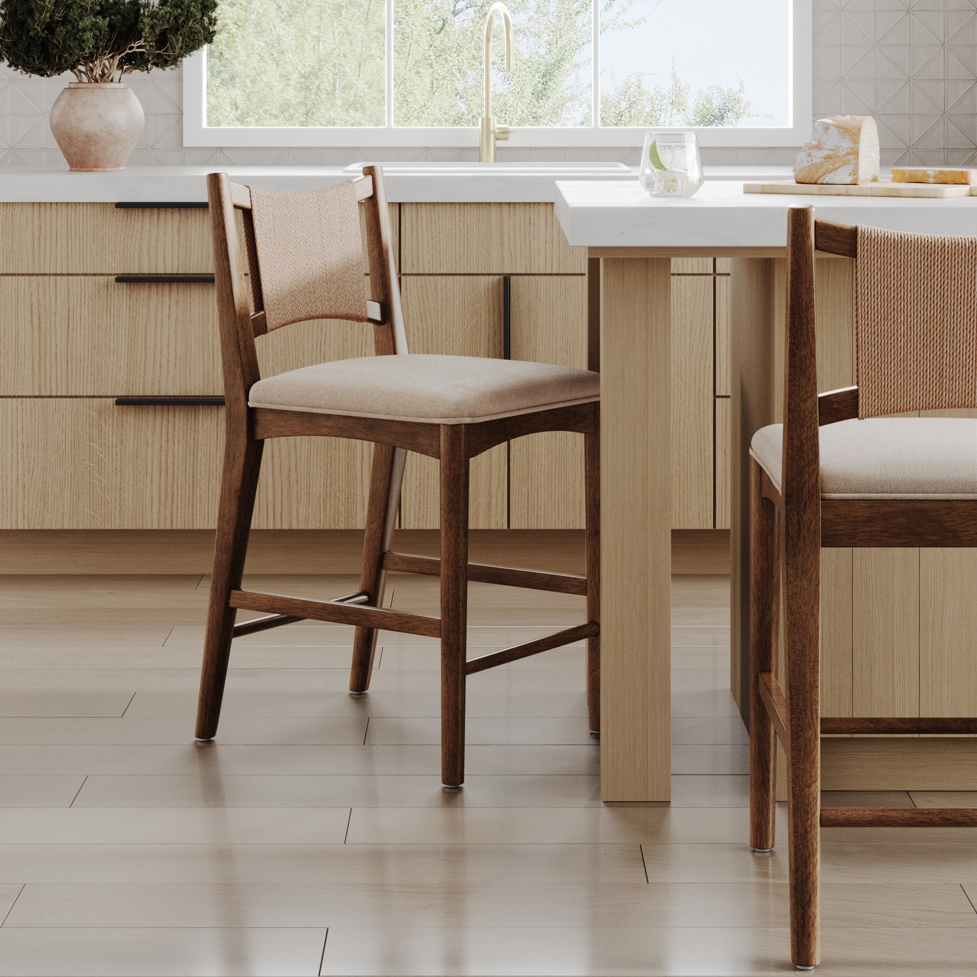 Modern Seagrass Back Arched Wood Counter Stool Medium Brown