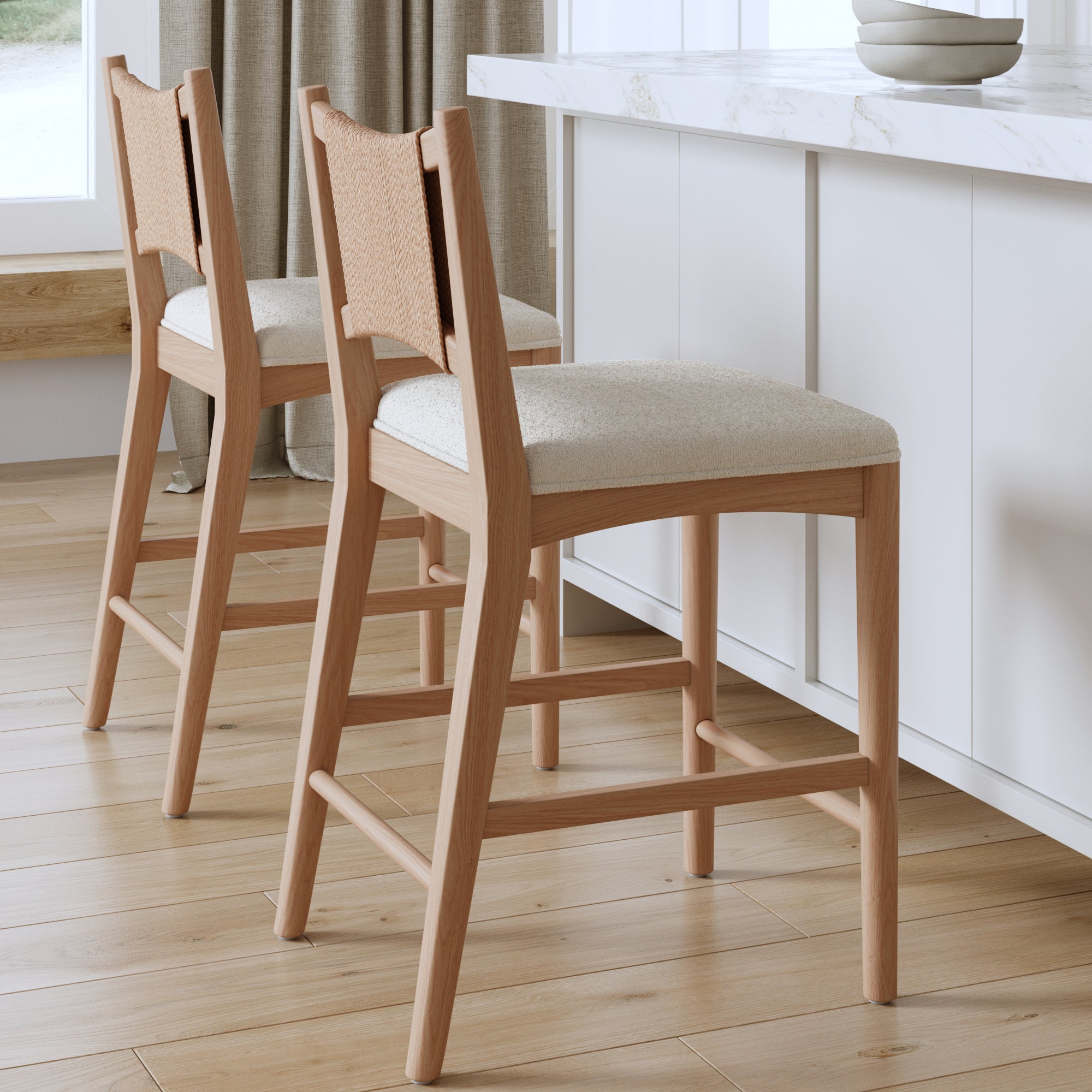 Modern Seagrass Back Arched Wood Counter Stool Raw Oak (Set of 2)