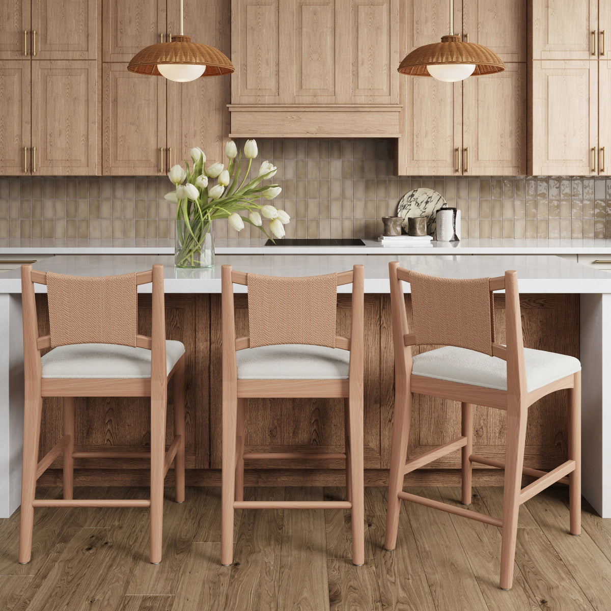 Modern Seagrass Back Arched Wood Counter Stool Raw Oak (Set of 3)