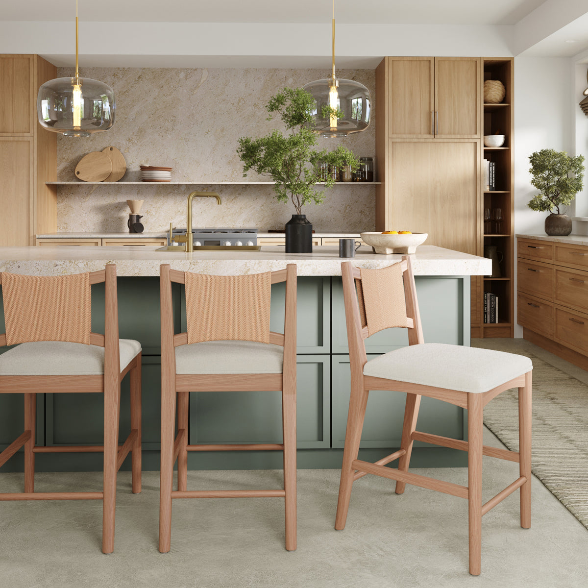 Modern Seagrass Back Arched Wood Counter Stool Raw Oak (Set of 3) - Nathan James