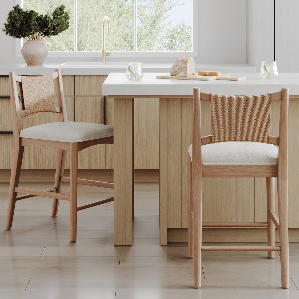 Modern Seagrass Back Arched Wood Counter Stool Raw Oak
