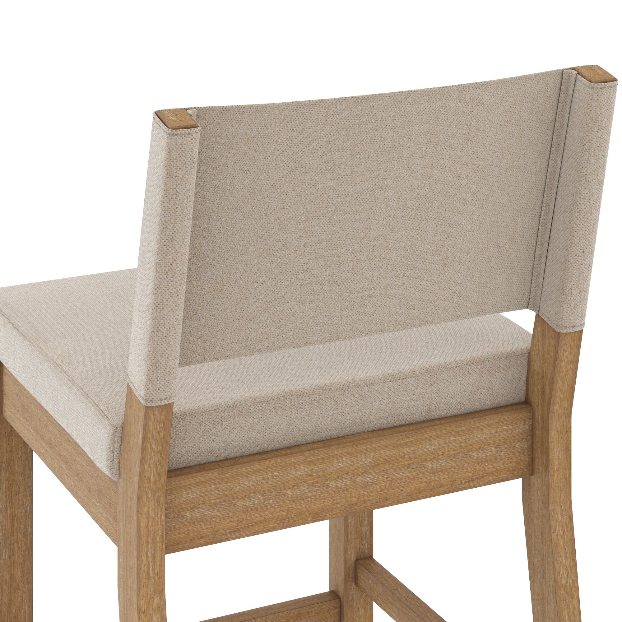 A wooden bar stool with a light beige upholstered seat and backrest, featuring straight, clean lines and light wood legs with a footrest. The upholstery has a subtle, textured fabric.