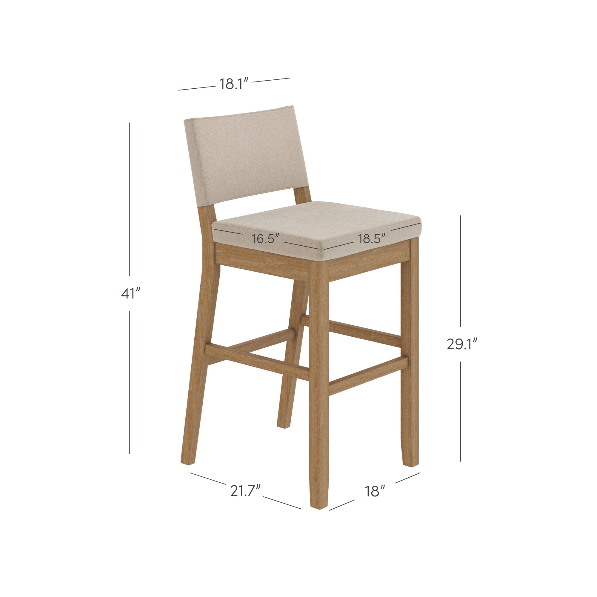 Bar stool with a light wood frame, beige cushioned seat and backrest, and the following dimensions: height 41, seat height 29.1, seat width 18.5, seat depth 16.5, overall width 18, depth 21.7.