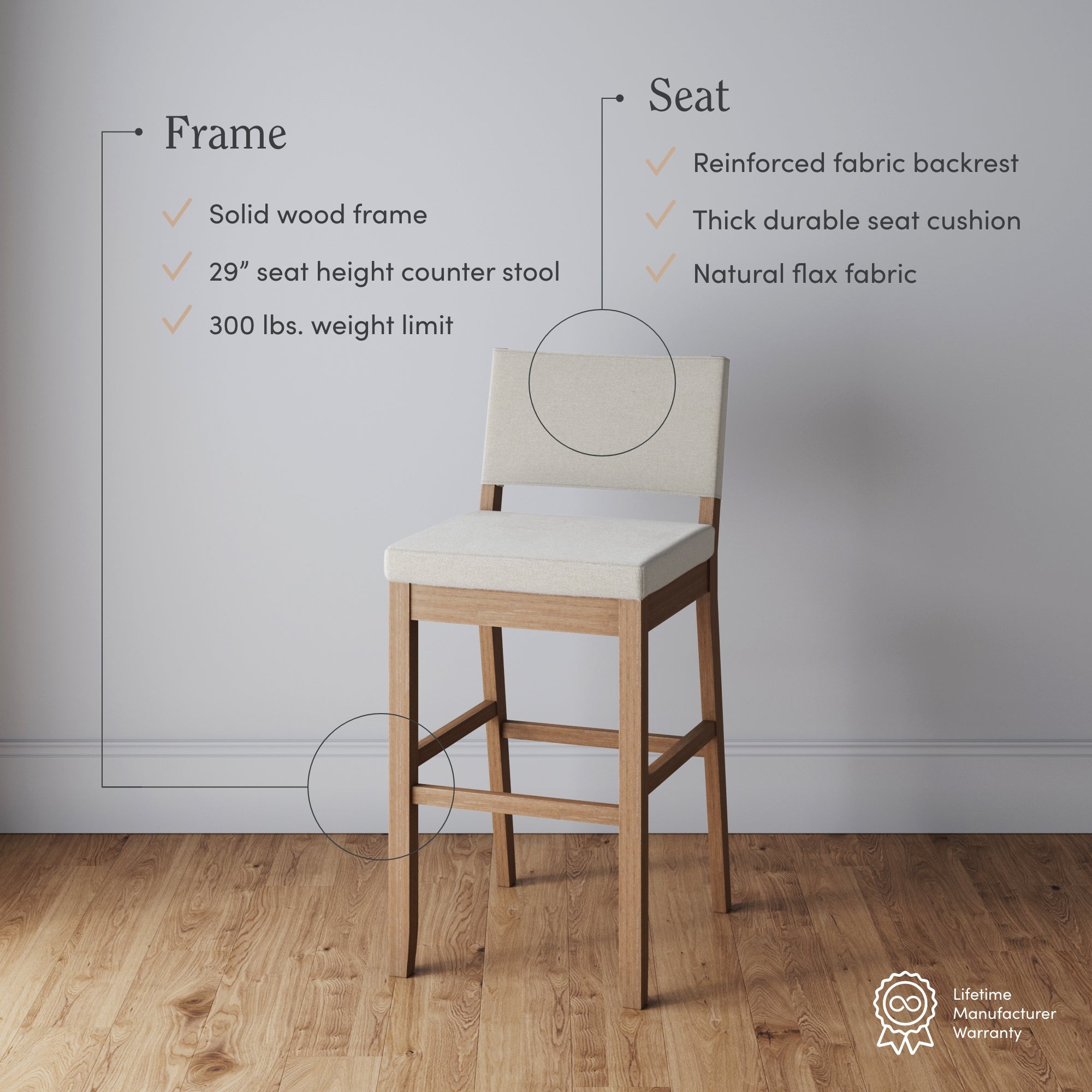 A modern wooden counter stool with a natural flax fabric seat and backrest sits on a wood floor. Text highlights its solid wood frame, 29 seat height, 300 lbs. weight limit, reinforced backrest, and durable cushion.