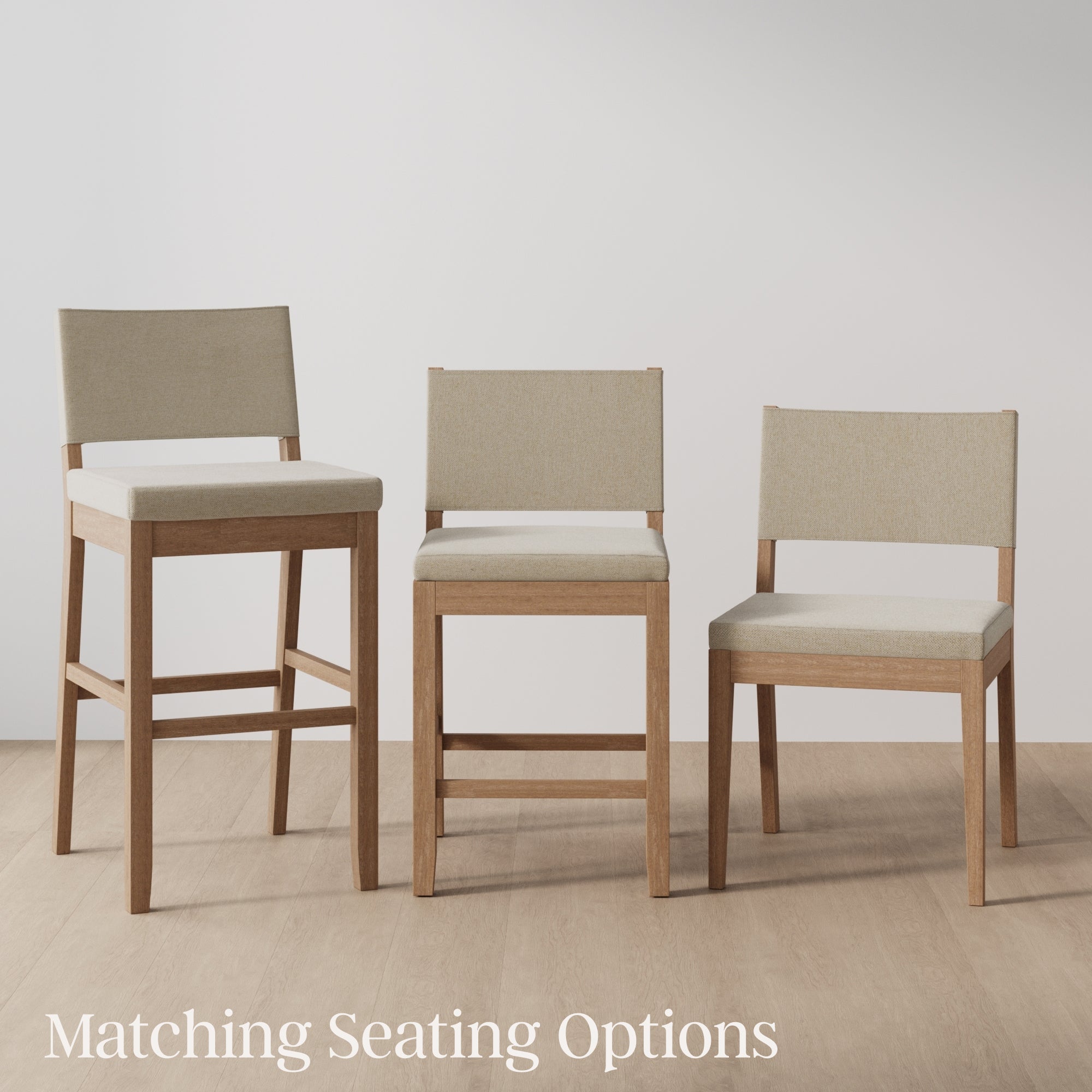 Three wooden chairs with beige upholstered seats and backs are shown in a row, each at different heights (bar stool, counter stool, and dining chair) on a light wood floor. Text reads Matching Seating Options.