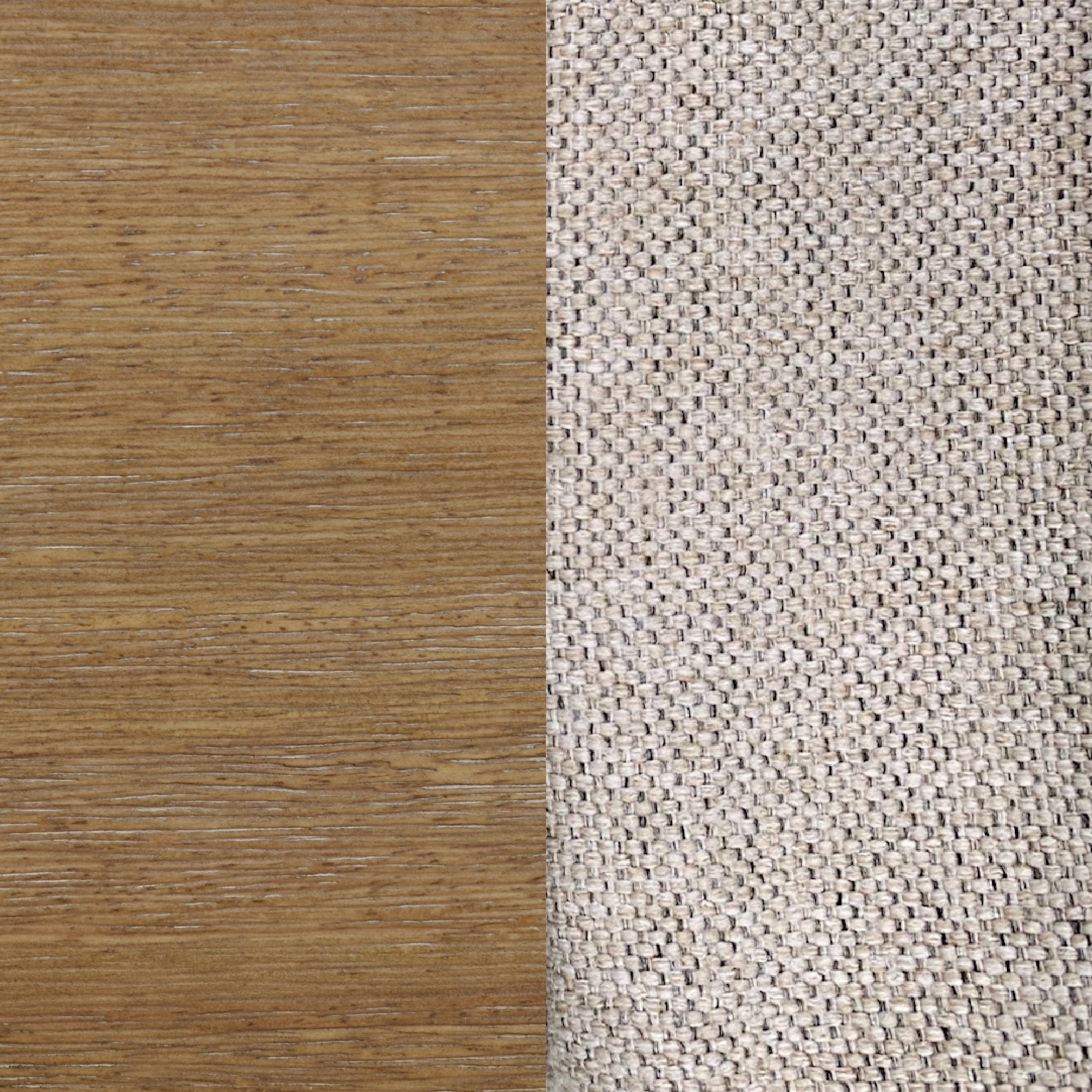 A split image showing a smooth wooden surface on the left and a textured beige woven fabric on the right, highlighting the contrast between the two materials.