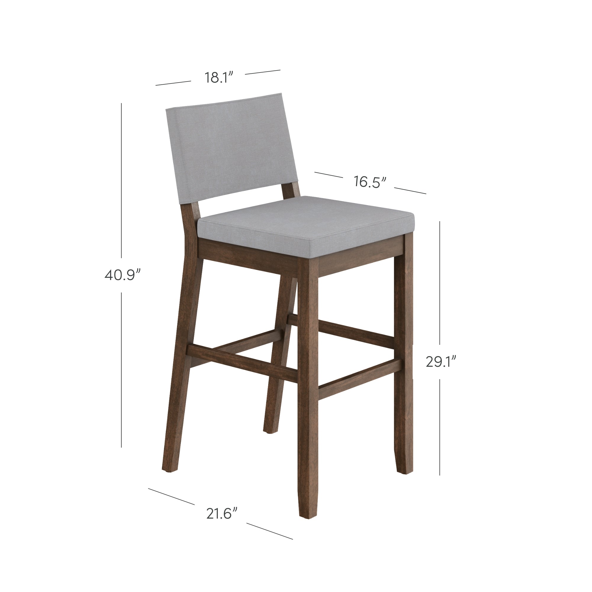 A modern bar stool with a light gray cushioned seat and backrest, dark wooden legs, and a footrest. Dimensions are labeled: height 40.9, seat height 29.1, width 18.1, depth 21.6, and backrest depth 16.5.