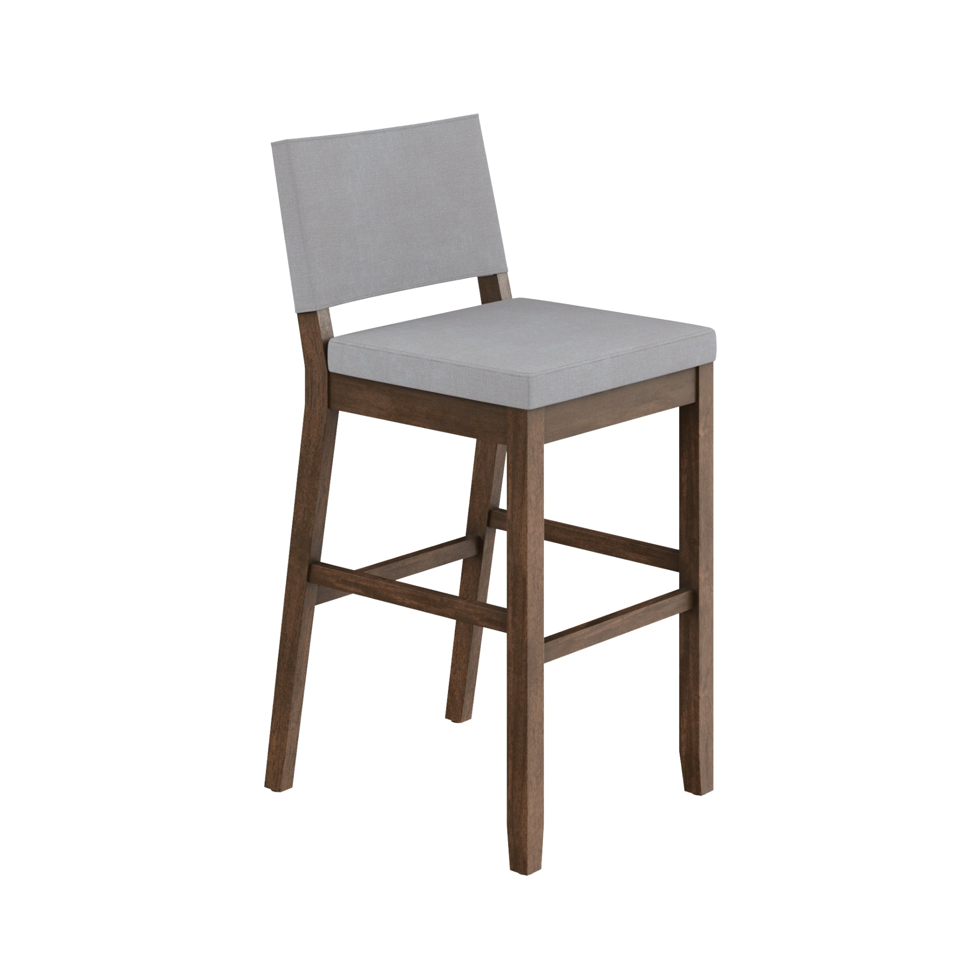 A modern bar stool with a light gray cushioned seat and backrest, supported by a wooden frame with a dark brown finish and a built-in footrest. The background is white.