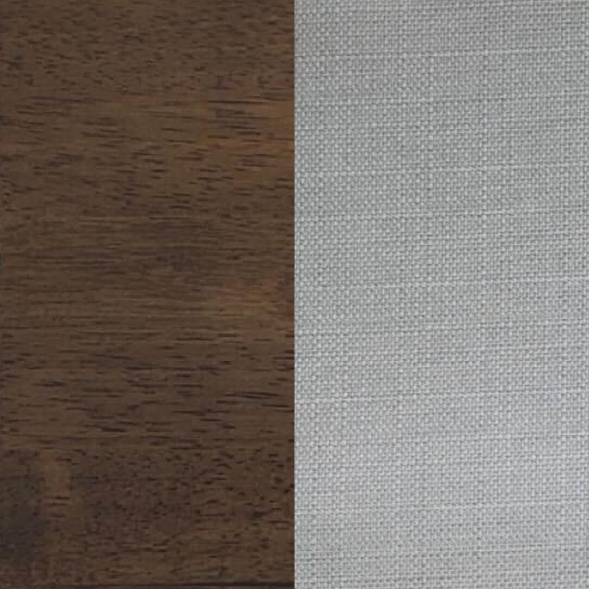 A split image showing a dark brown wood surface with visible grain on the left and a light gray textured fabric on the right.