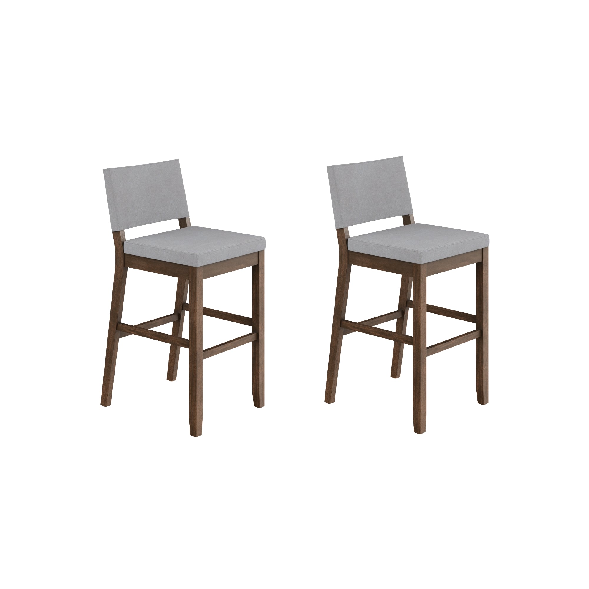 Two modern bar stools with wooden legs and light gray cushioned seats and backs, shown against a white background.