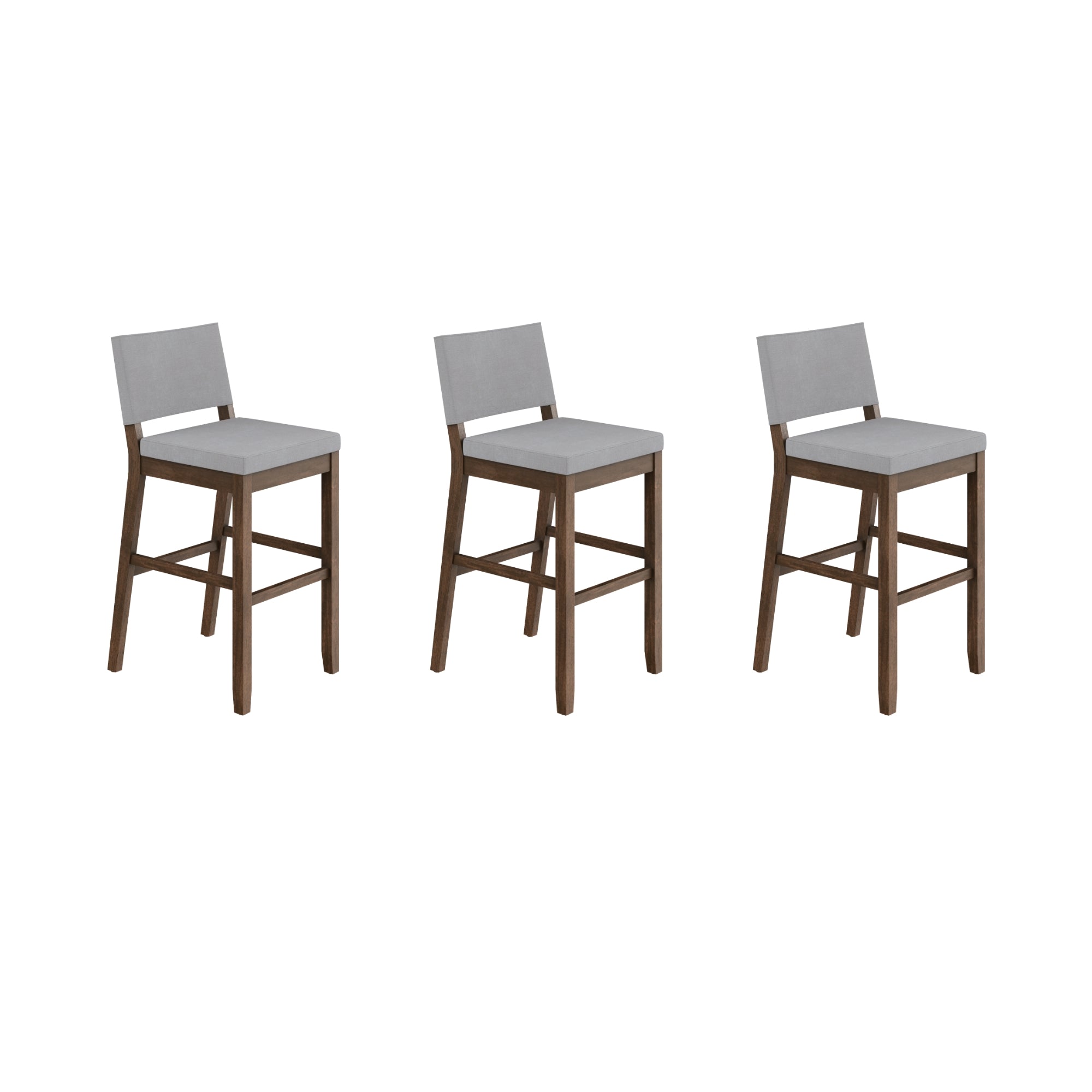 Three identical bar stools with light gray cushioned seats and backs, and dark wooden legs, are evenly spaced on a white background.