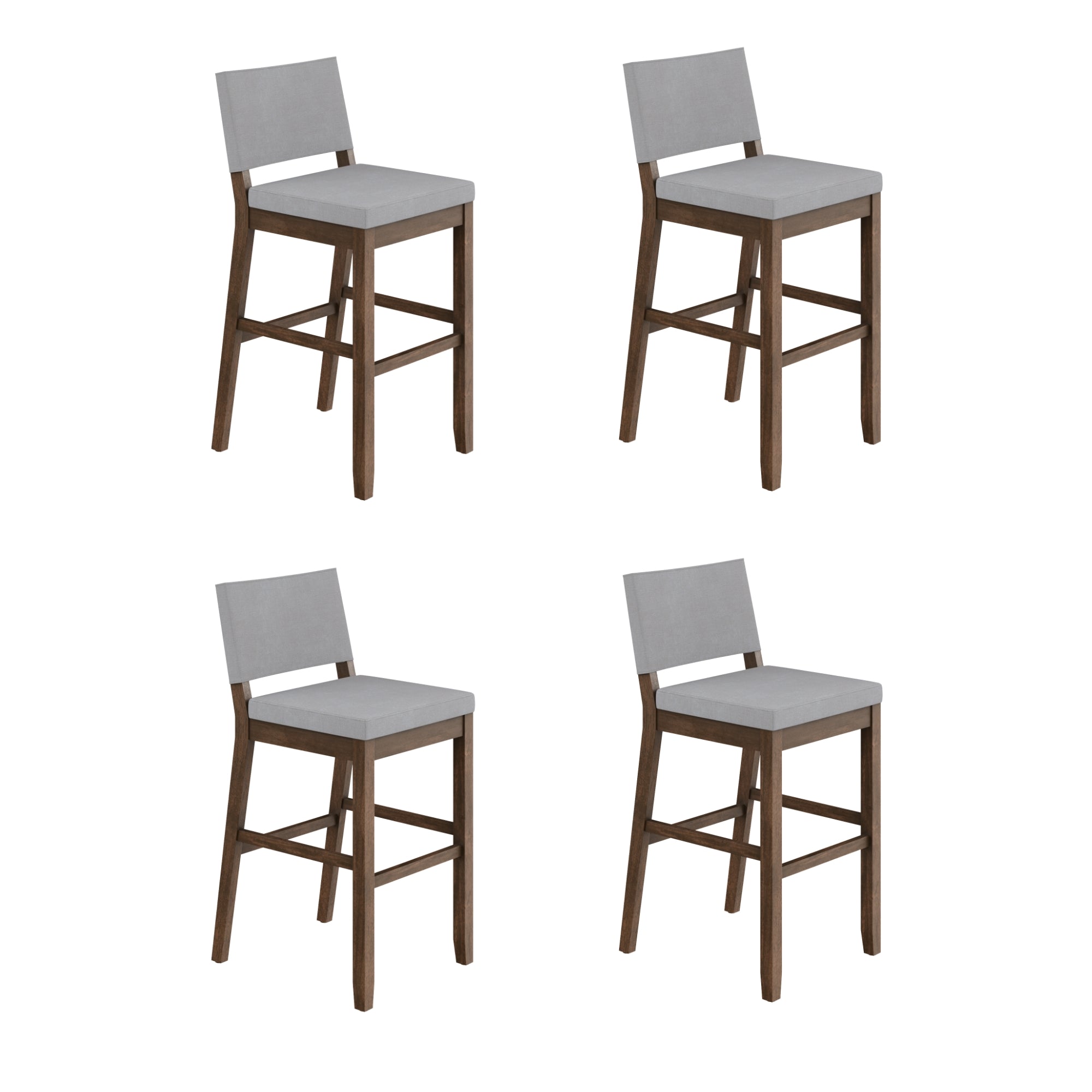 Four wooden barstools with light gray upholstered seats and backs, arranged in a square formation on a white background.