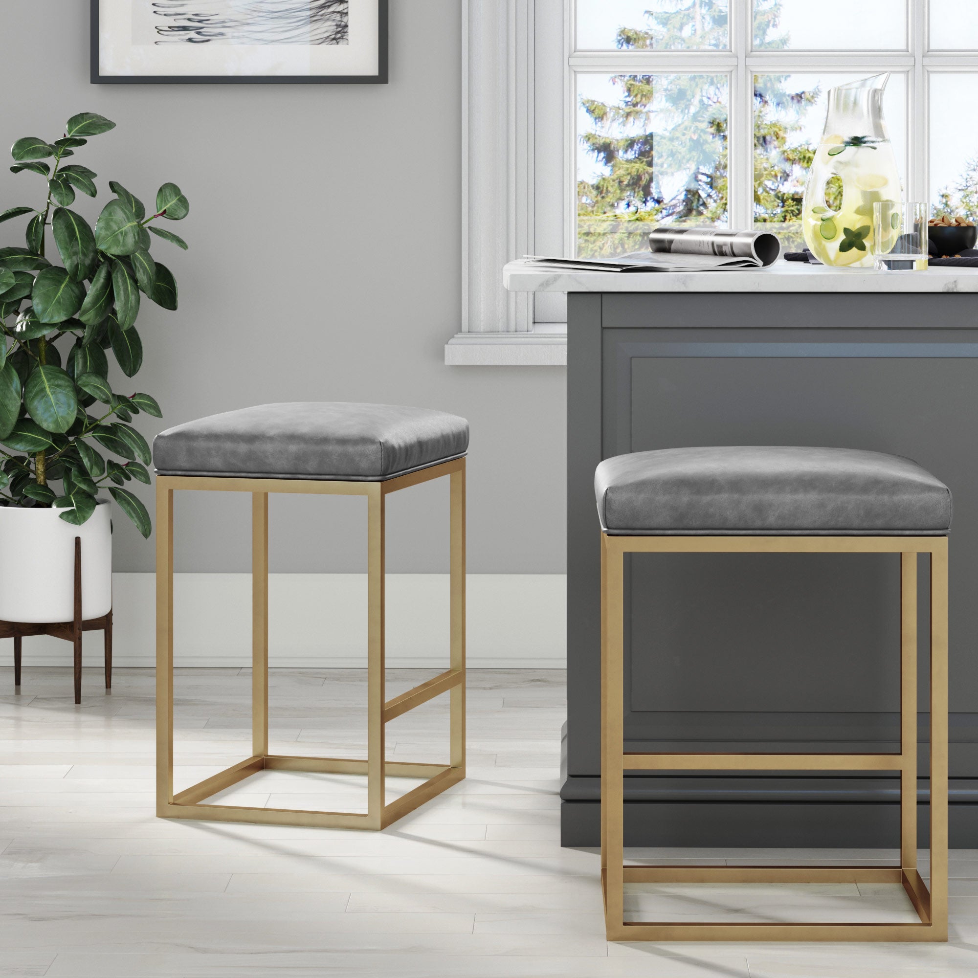 Faux Leather Bar Stool Pewter & Chrome Gold