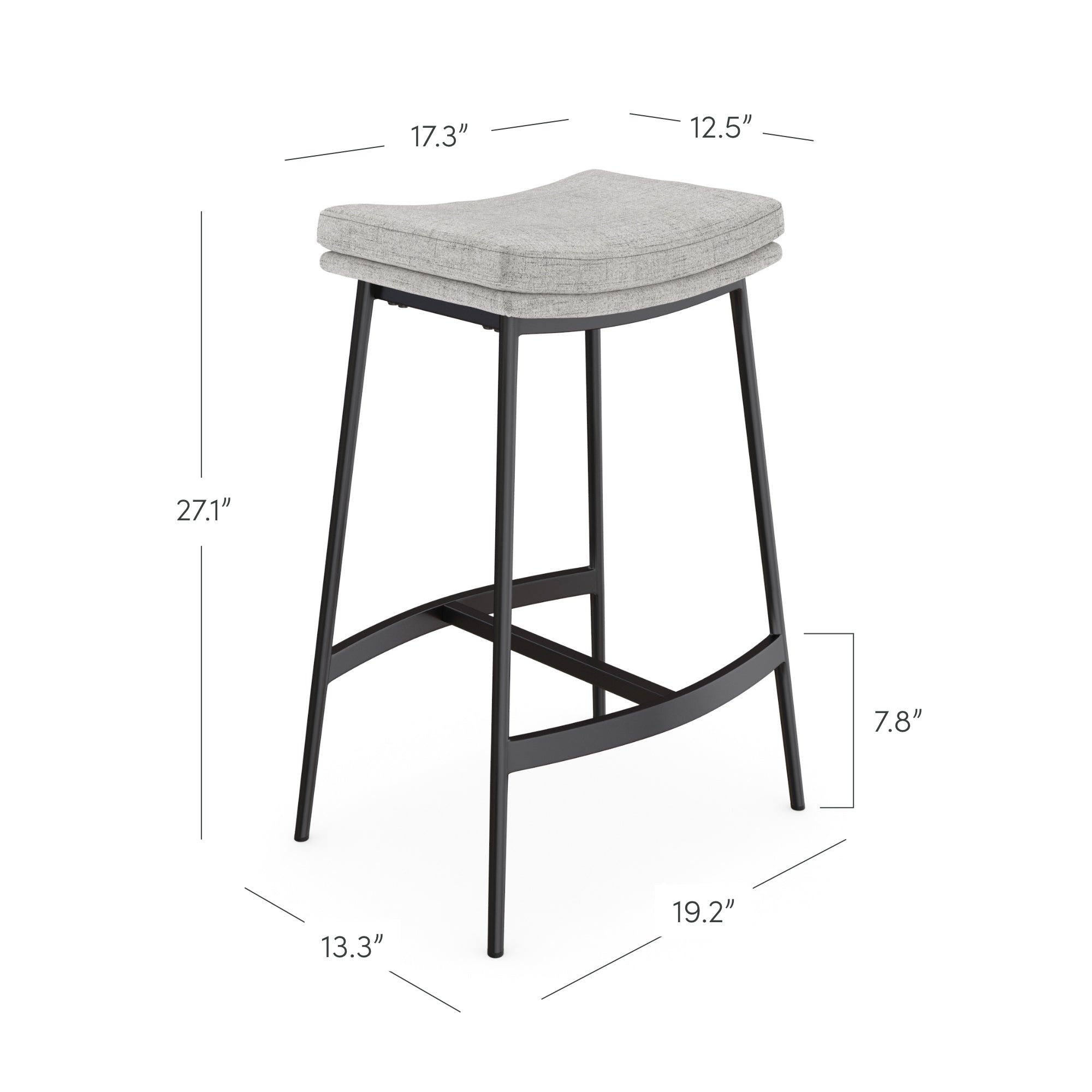 Bar stool with light gray cushioned seat, black metal frame, and footrest. Dimensions: seat height 27.1, seat width 17.3, seat depth 12.5, base width 19.2, base depth 13.3, footrest height 7.8.