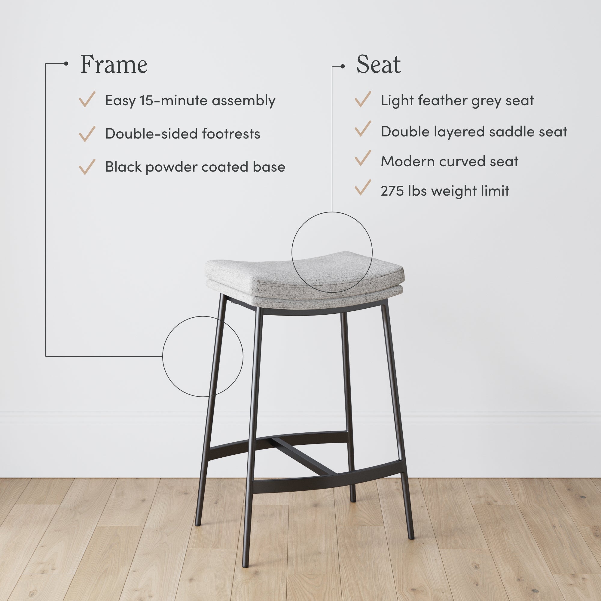 A modern bar stool with a light grey cushioned seat and black metal frame stands on a wooden floor. Text highlights features of the frame and seat, including easy assembly and double footrests.