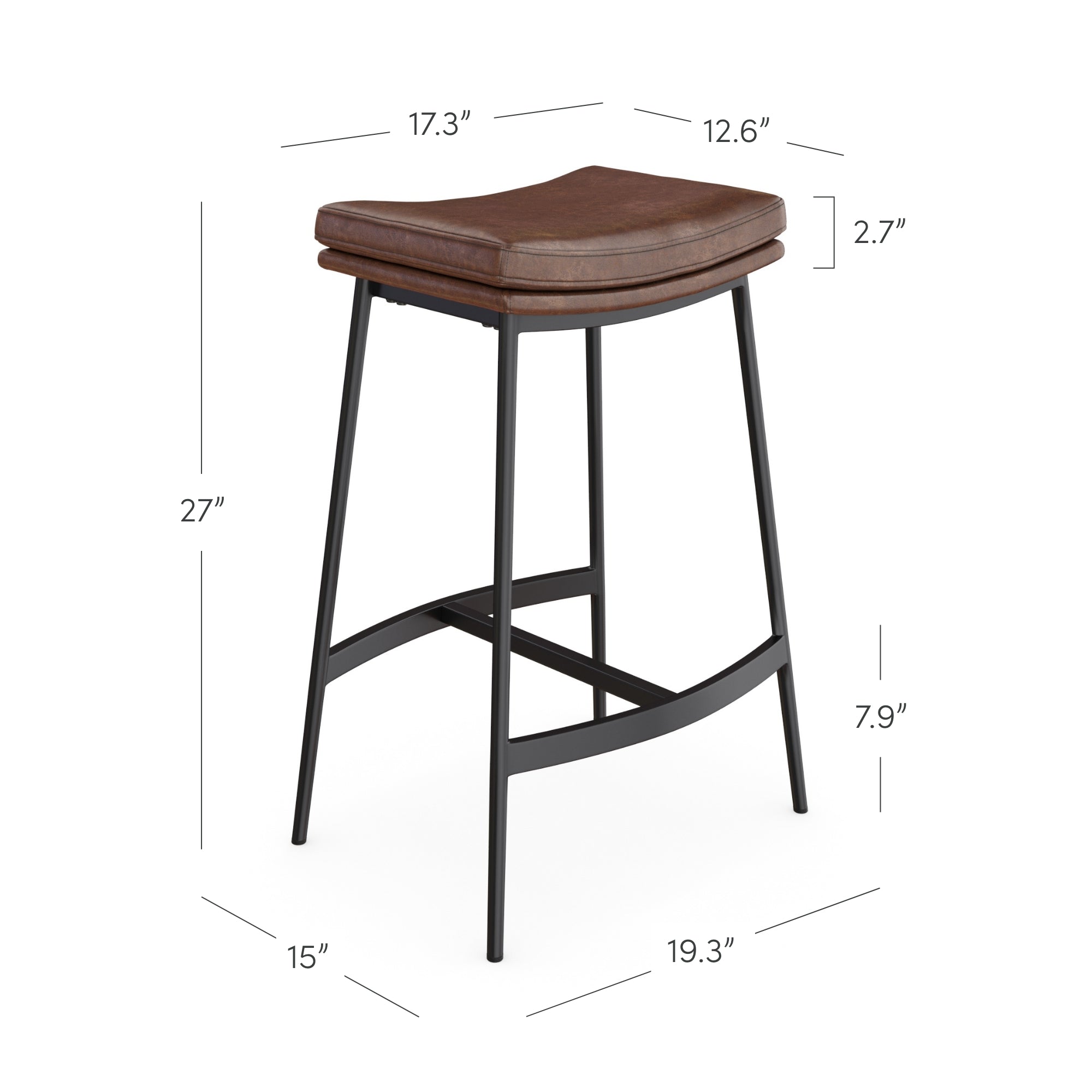 Brown leather cushioned bar stool with black metal legs. Dimensions are labeled: height 27, seat width 17.3, seat depth 12.6, seat thickness 2.7, leg width 19.3, leg depth 15, and footrest height 7.9.