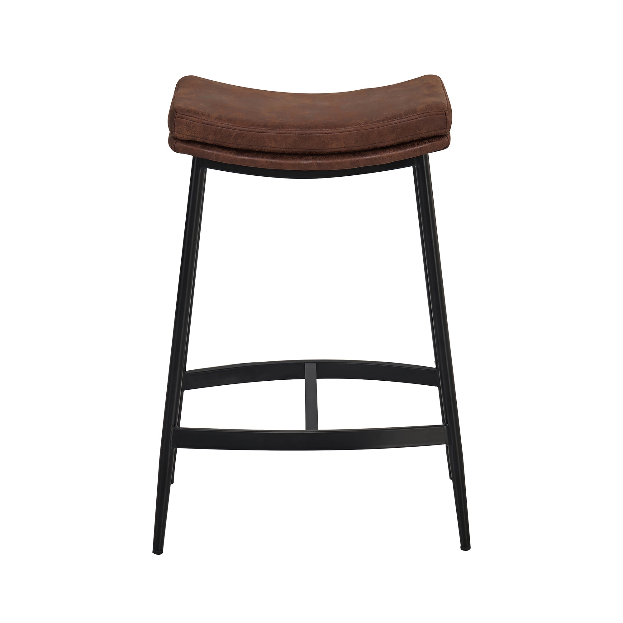Brown leather saddle-style bar stool with a cushioned seat and black metal legs, shown against a white background.