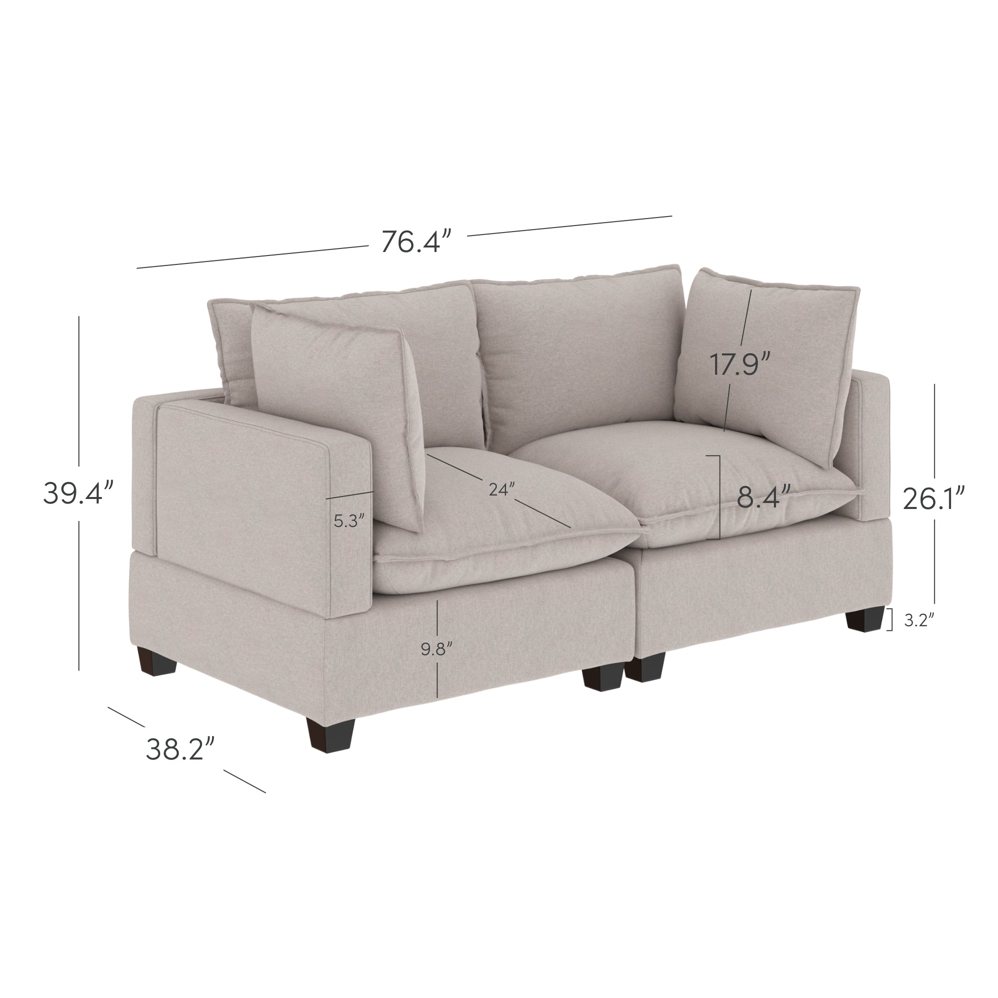 A beige sofa with overstuffed cushions is shown with labeled dimensions, including width 76.4, height 39.4, depth 38.2, arm height 26.1, and seat height 17.9. Other measurements mark various sofa parts.