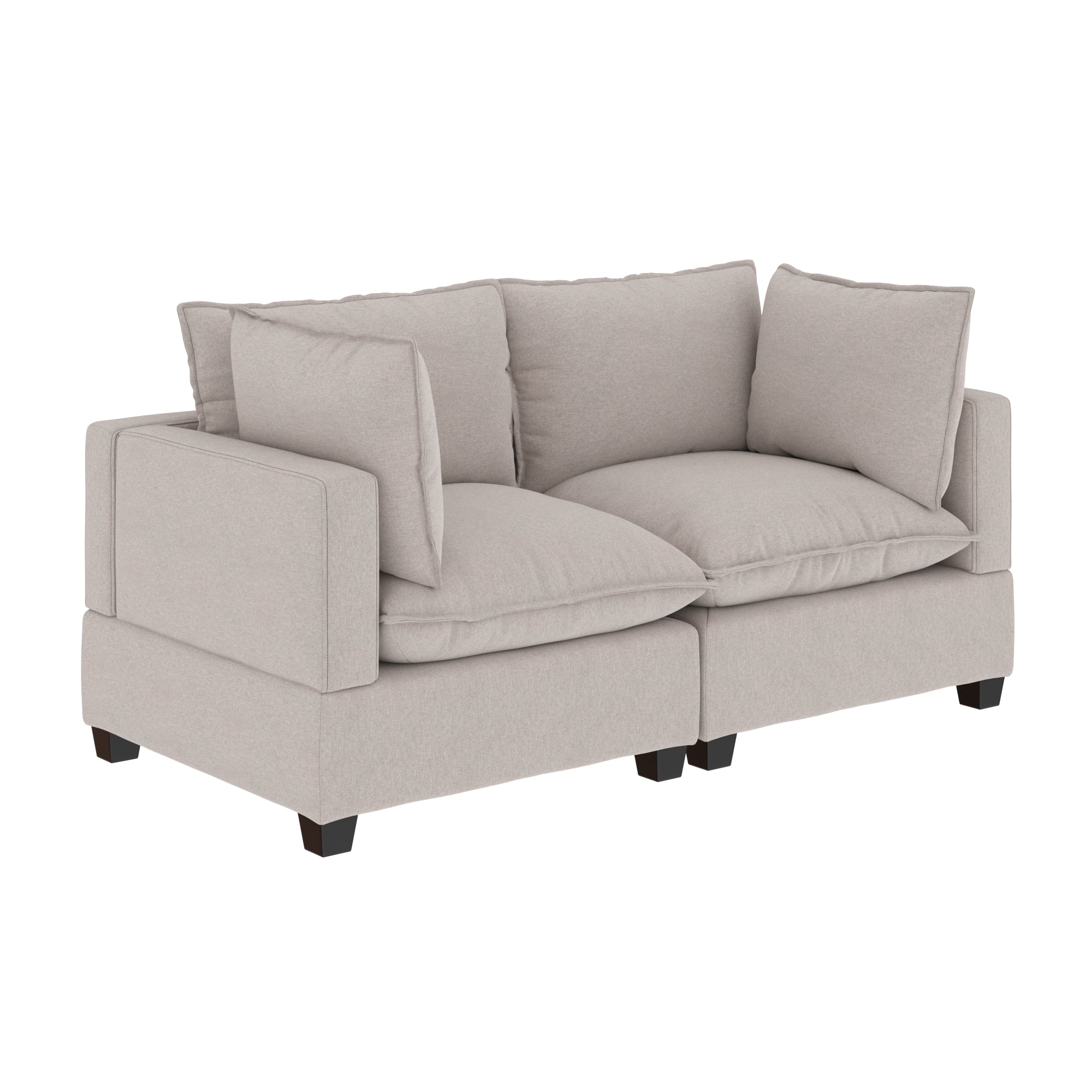 A modern light gray loveseat with plush seat and back cushions, square armrests, and short dark wooden legs, set against a white background.