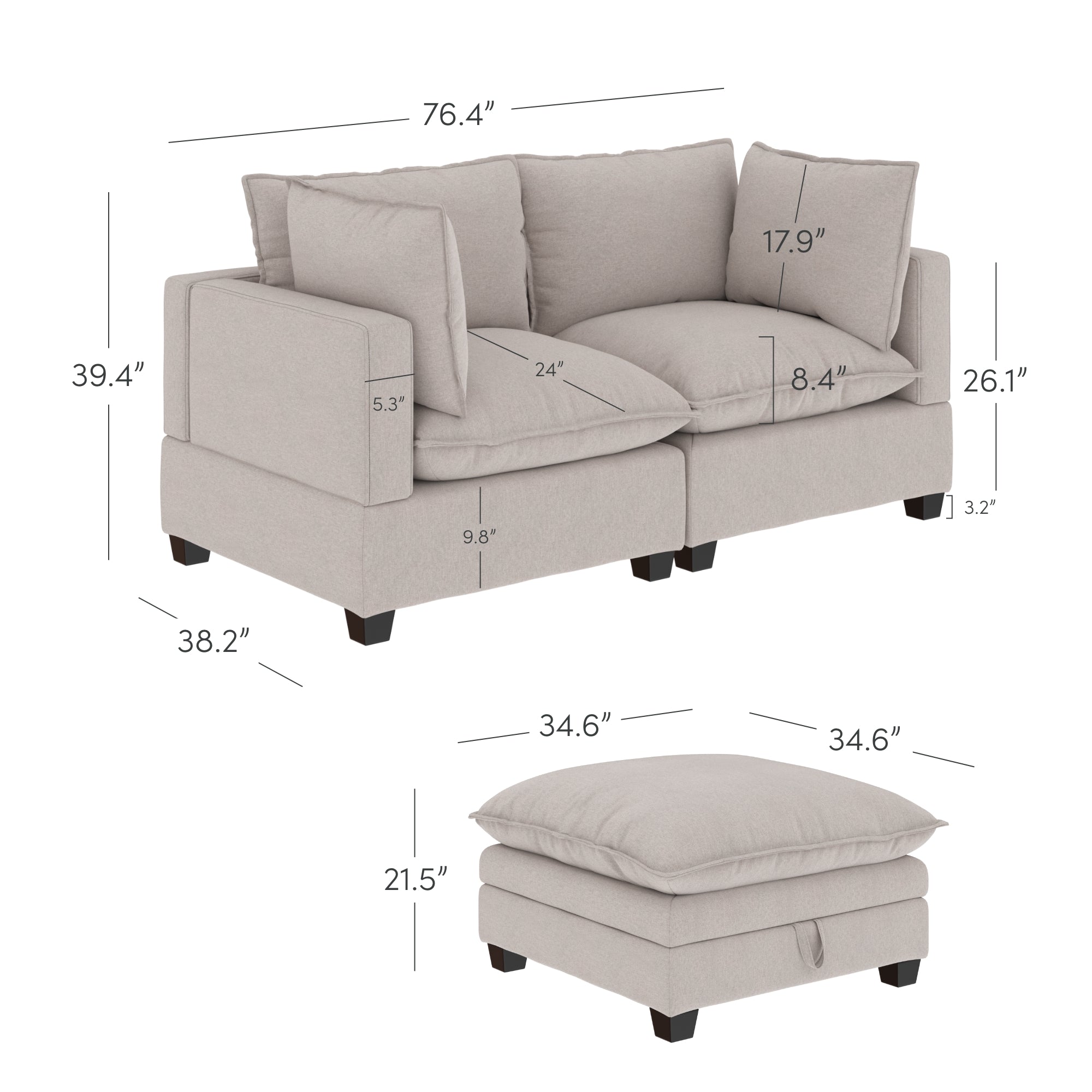 A light beige sofa with cushions and a matching ottoman, shown with dimensions: sofa—76.4 wide, 39.4 high, 38.2 deep; ottoman—34.6 wide, 21.5 high, 34.6 deep. Other cushion and seat measurements are labeled.