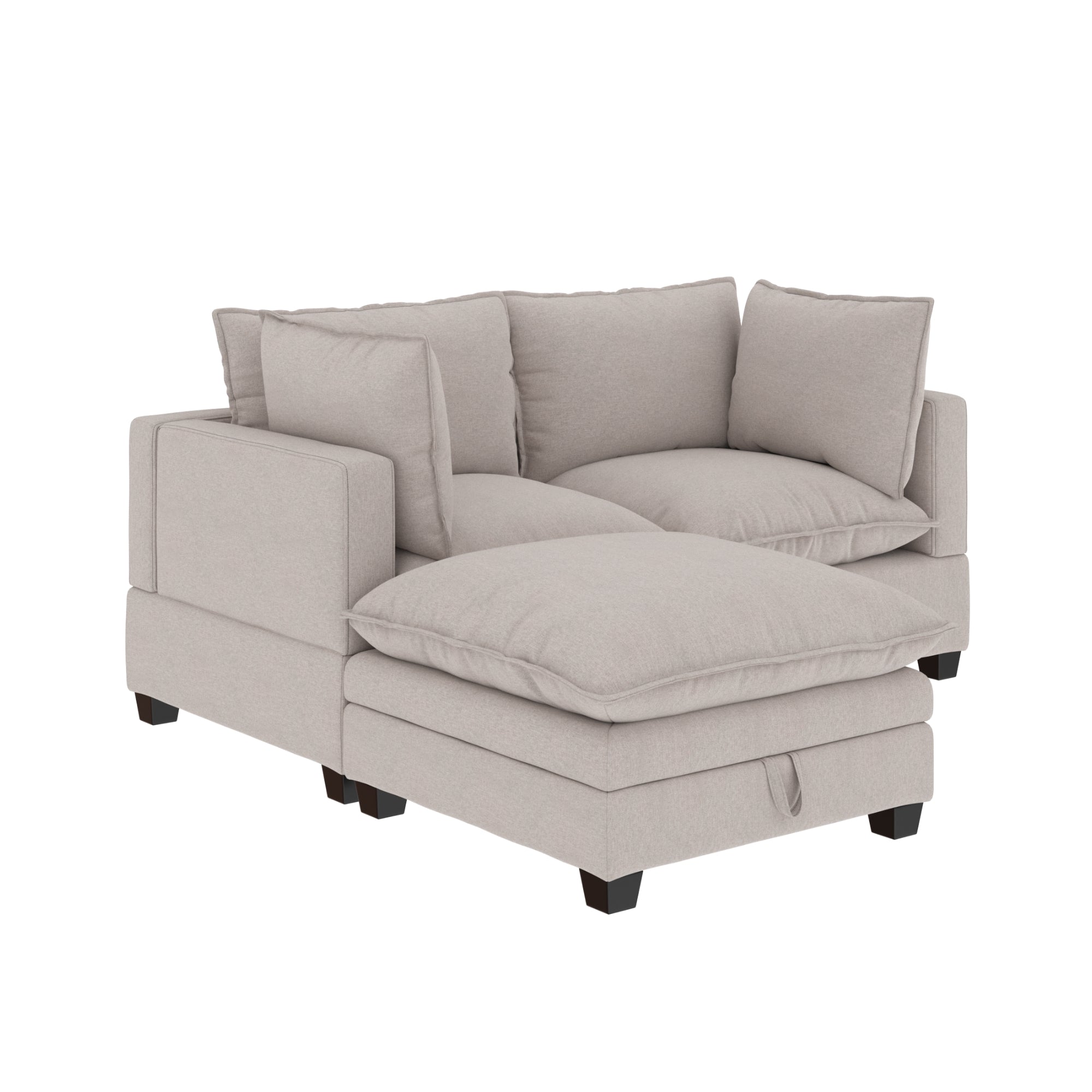 A light beige, modern sectional chaise lounge with thick cushions and dark wooden legs, featuring a left-armrest and multiple soft back pillows.