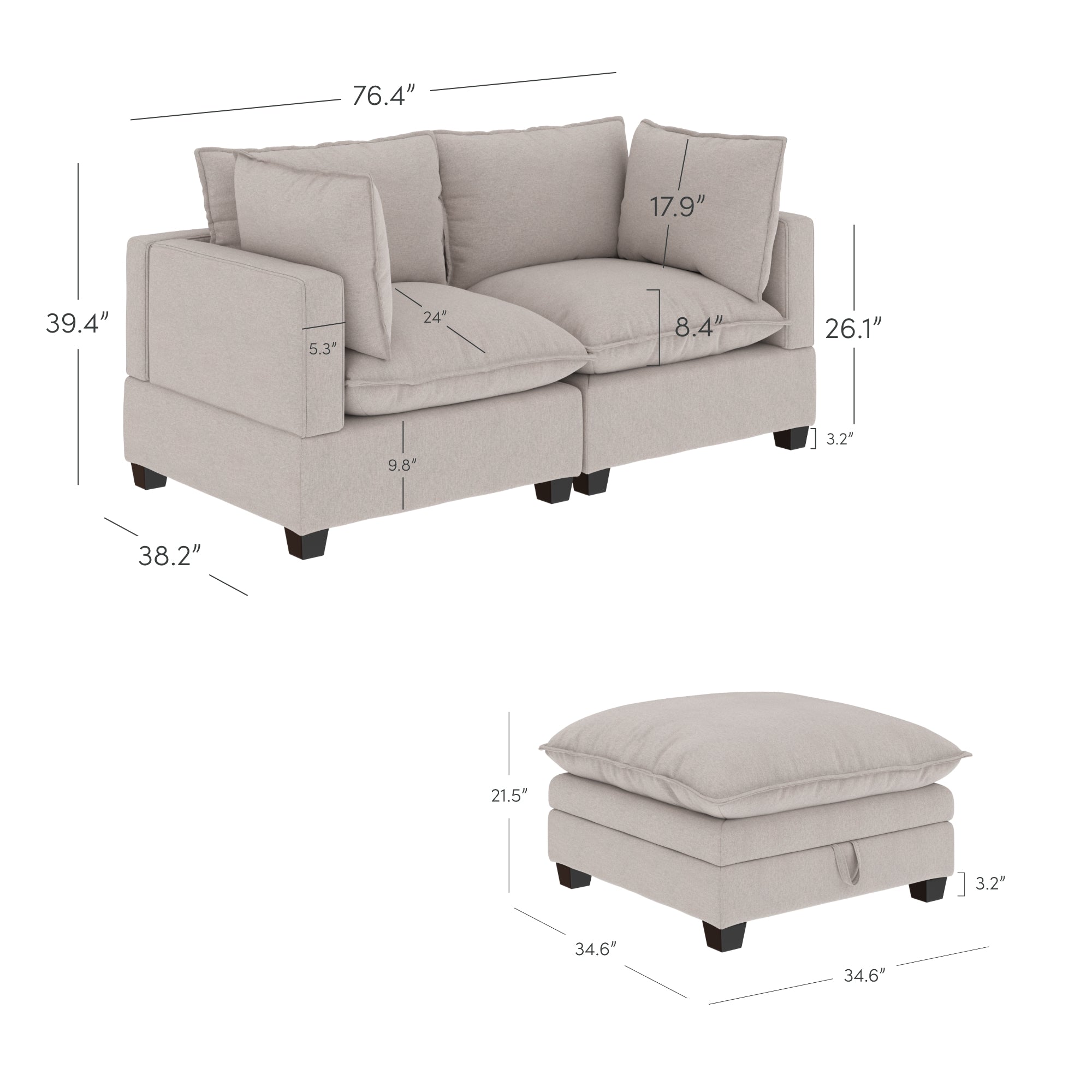 A light beige sofa with three cushions and an ottoman, both on short black legs. Dimensions and measurements for each part are labeled in inches around the furniture.