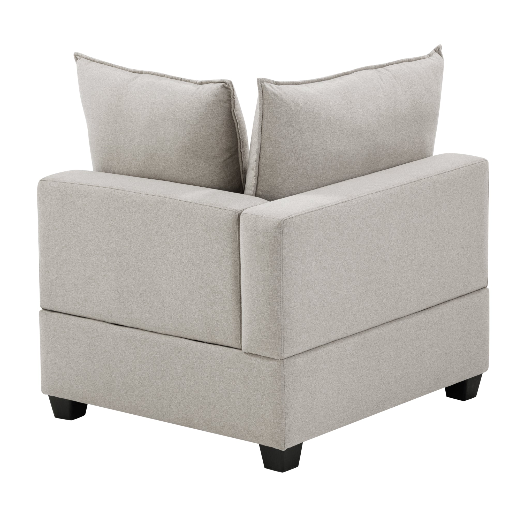 A light gray upholstered sectional corner chair with two back cushions and short black legs, angled to show the back and sides.