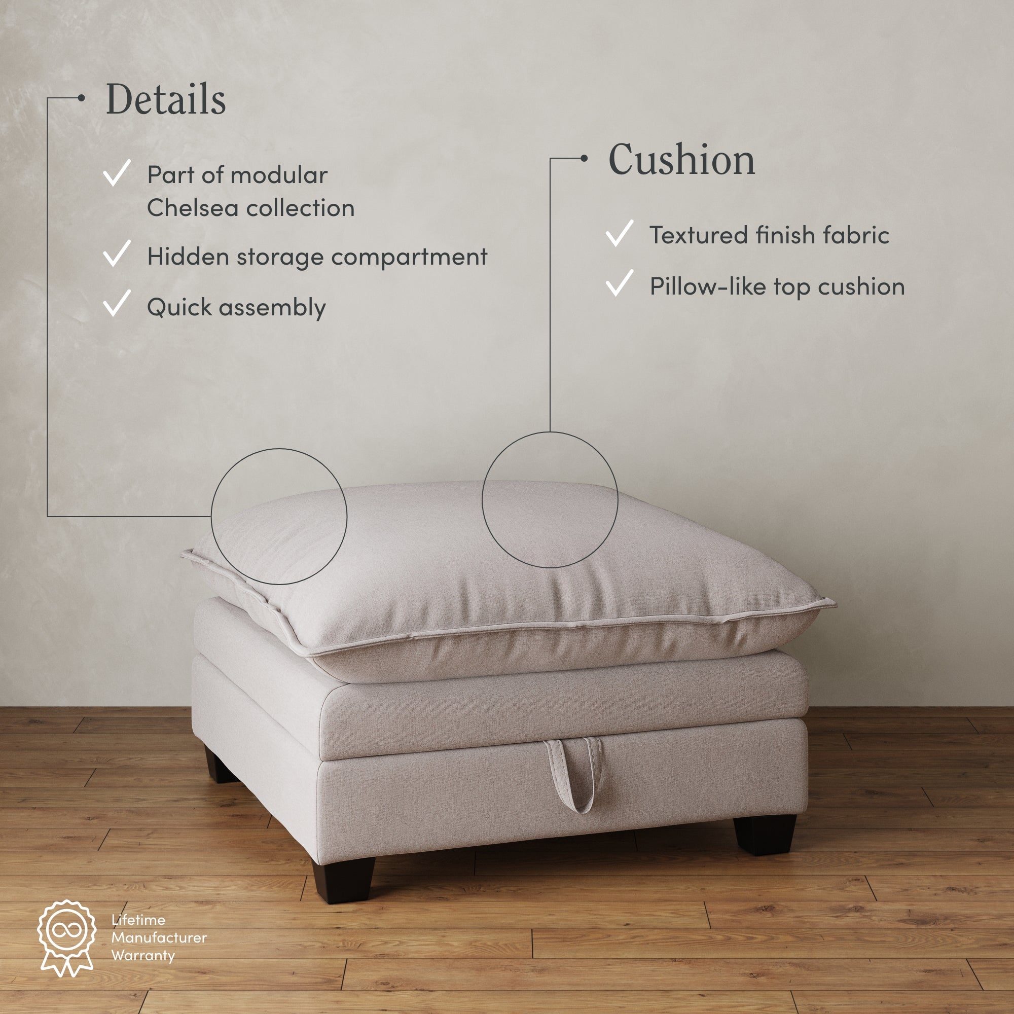 A beige upholstered ottoman with a pillow-like cushion and a hidden storage compartment sits on a wooden floor. Text highlights details and cushion features, including modular design, textured fabric, and easy assembly.