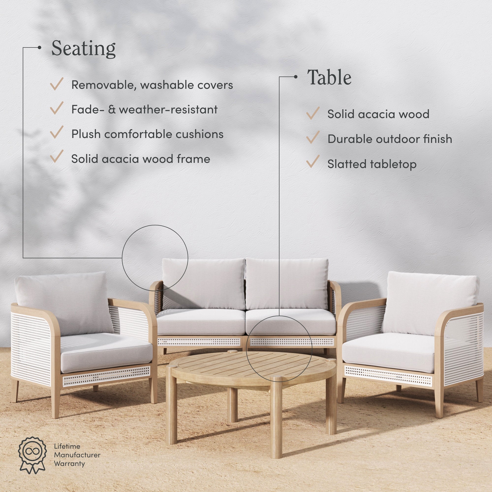 Outdoor patio set with two armchairs, a loveseat, and a coffee table. The furniture has light wood frames and white cushions. Text highlights features like washable covers, weather resistance, and solid acacia wood construction.